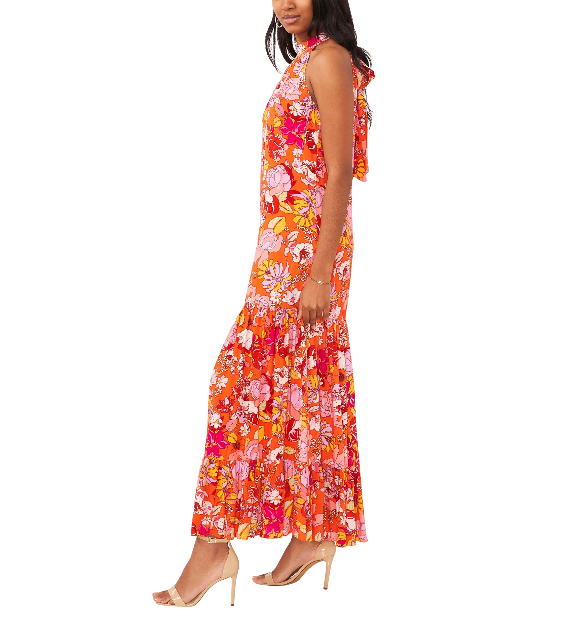 Womens Sleeveless Halter Neck Printed A-Line Maxi Dress