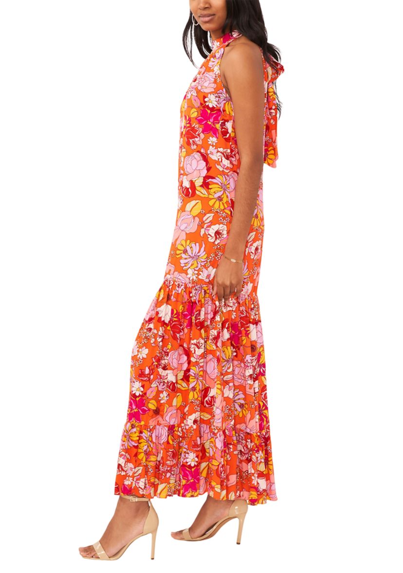 Womens Sleeveless Halter Neck Printed A-Line Maxi Dress