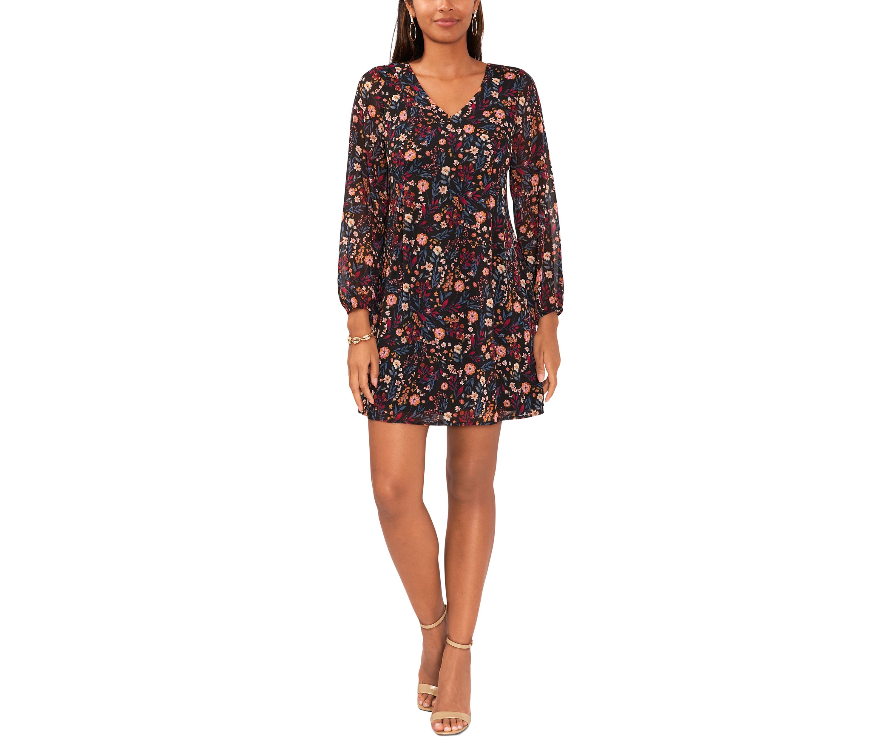 Womens Long Sleeve Floral Printed Chiffon A-Line Dress