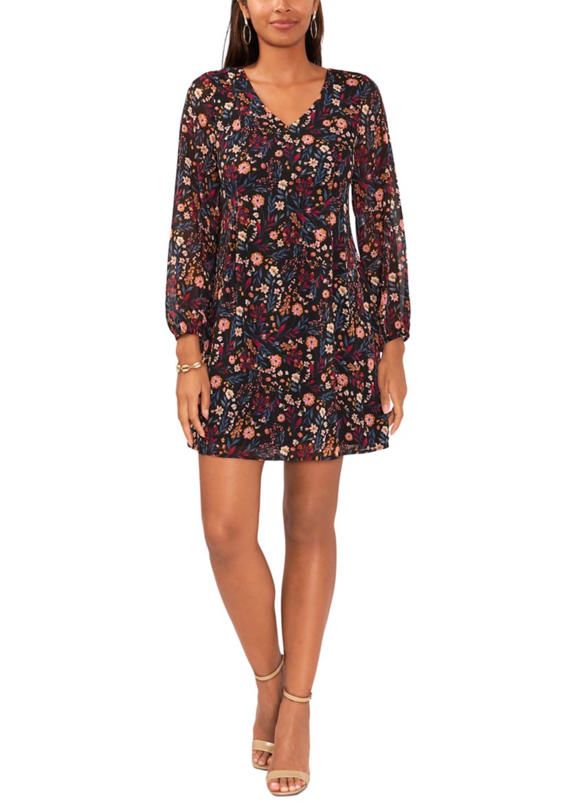 Womens Long Sleeve Floral Printed Chiffon A-Line Dress