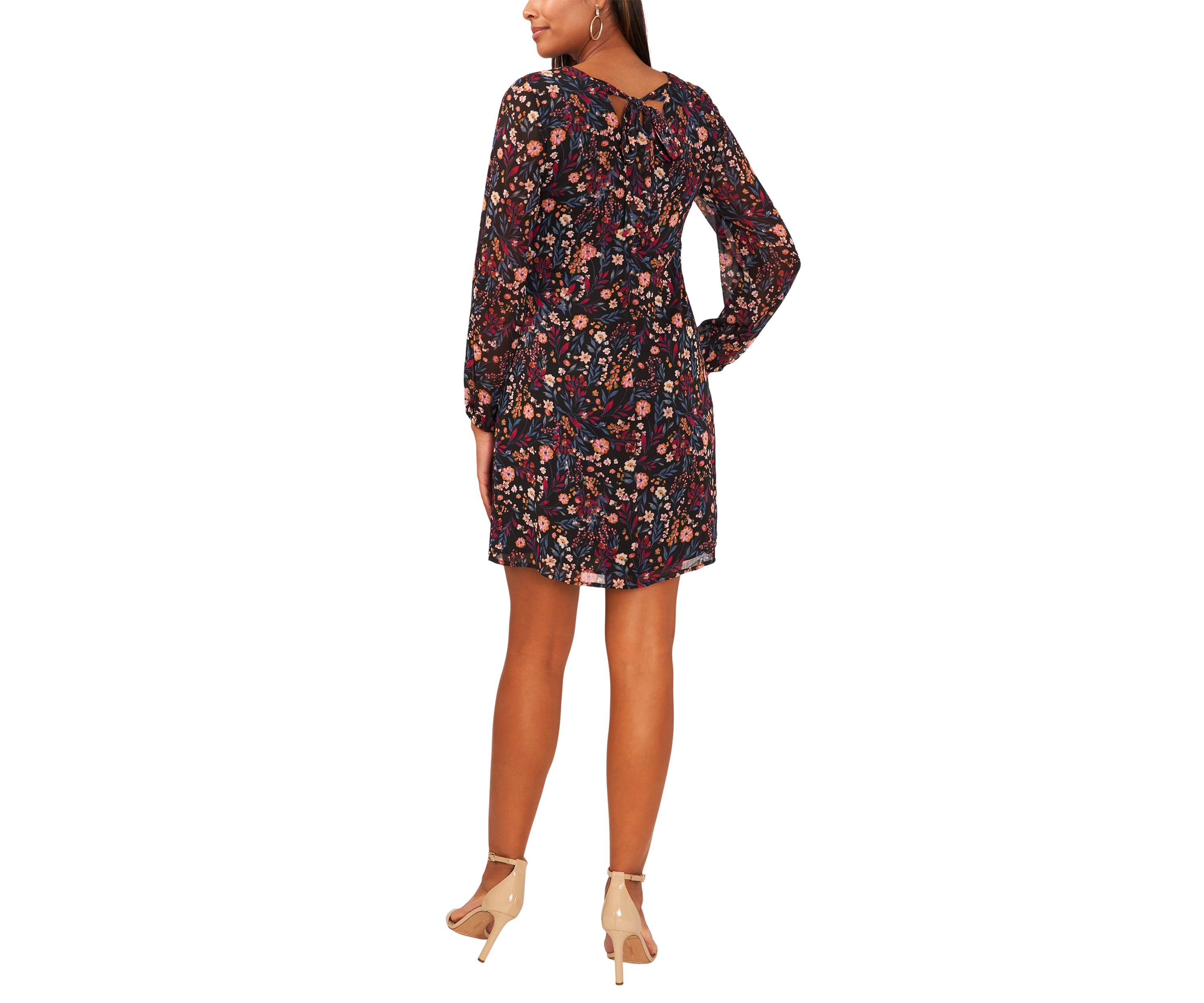 Womens Long Sleeve Floral Printed Chiffon A-Line Dress