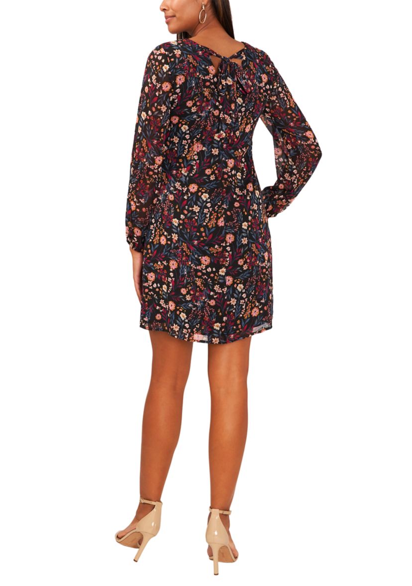 Womens Long Sleeve Floral Printed Chiffon A-Line Dress