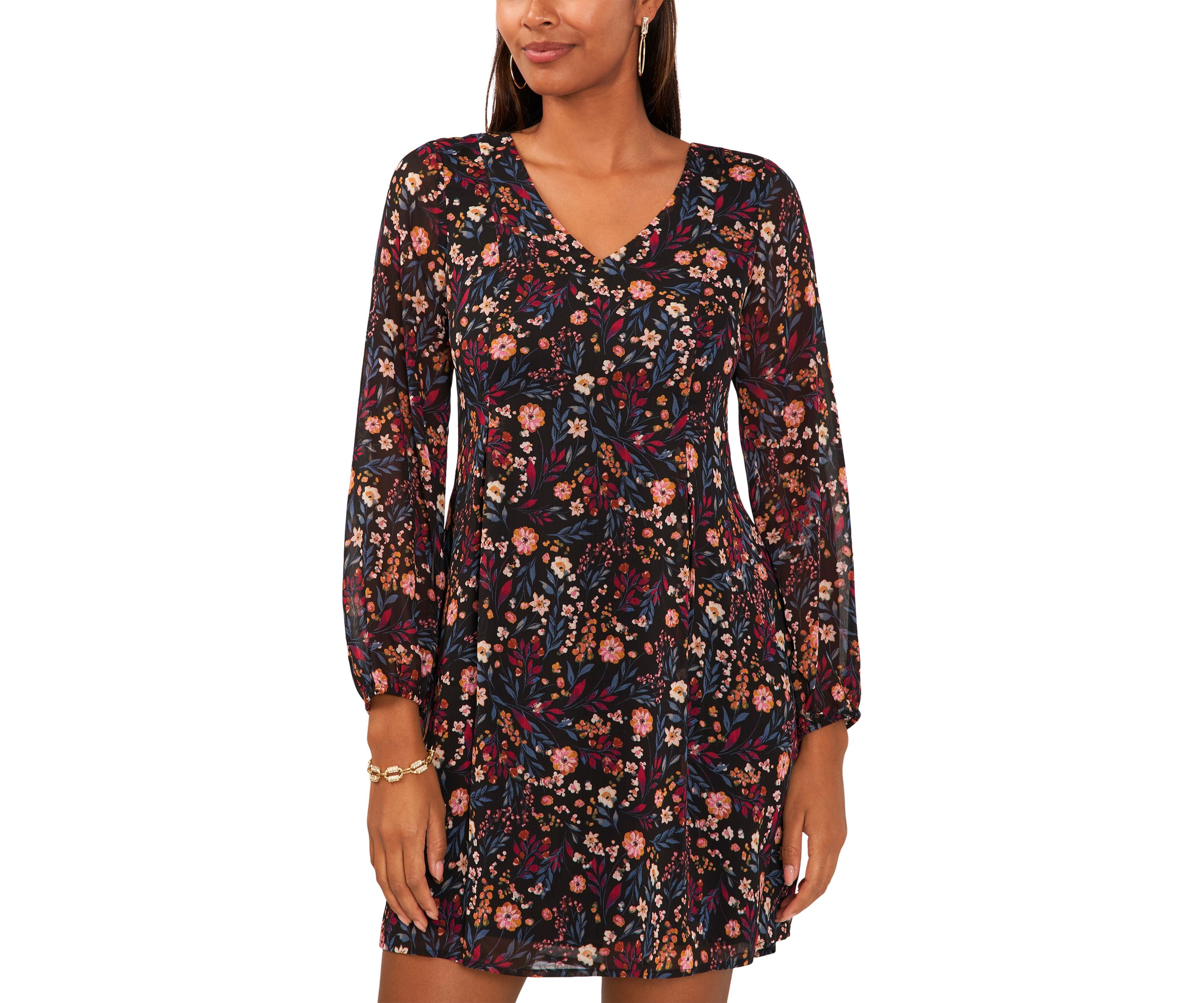 Womens Long Sleeve Floral Printed Chiffon A-Line Dress