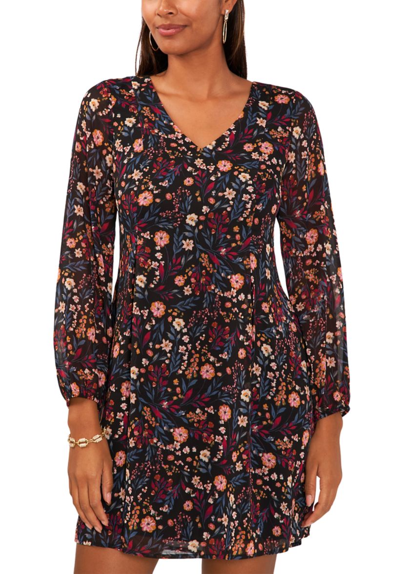 Womens Long Sleeve Floral Printed Chiffon A-Line Dress
