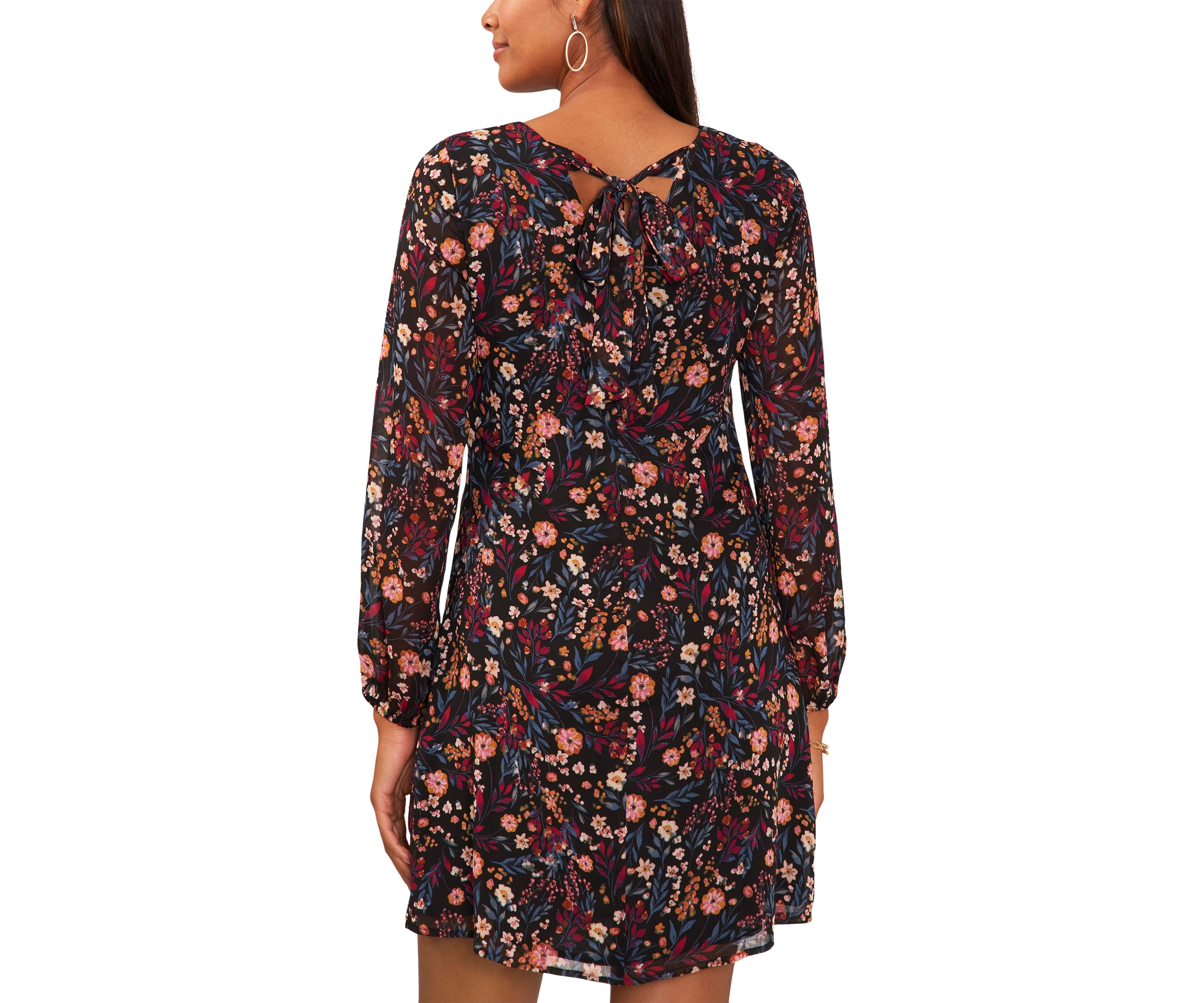 Womens Long Sleeve Floral Printed Chiffon A-Line Dress