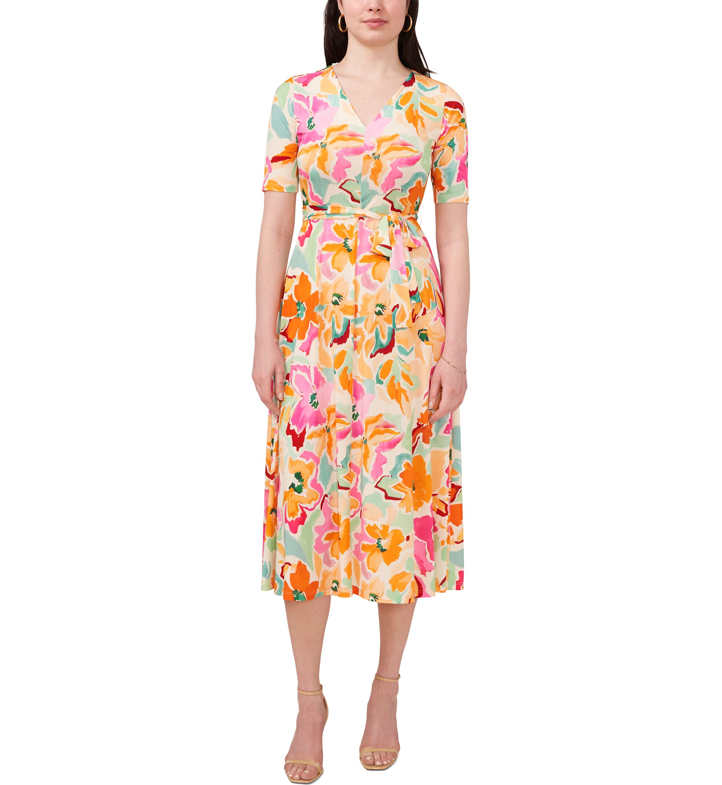 Womens Short Sleeve V-Neck Floral Print Dress