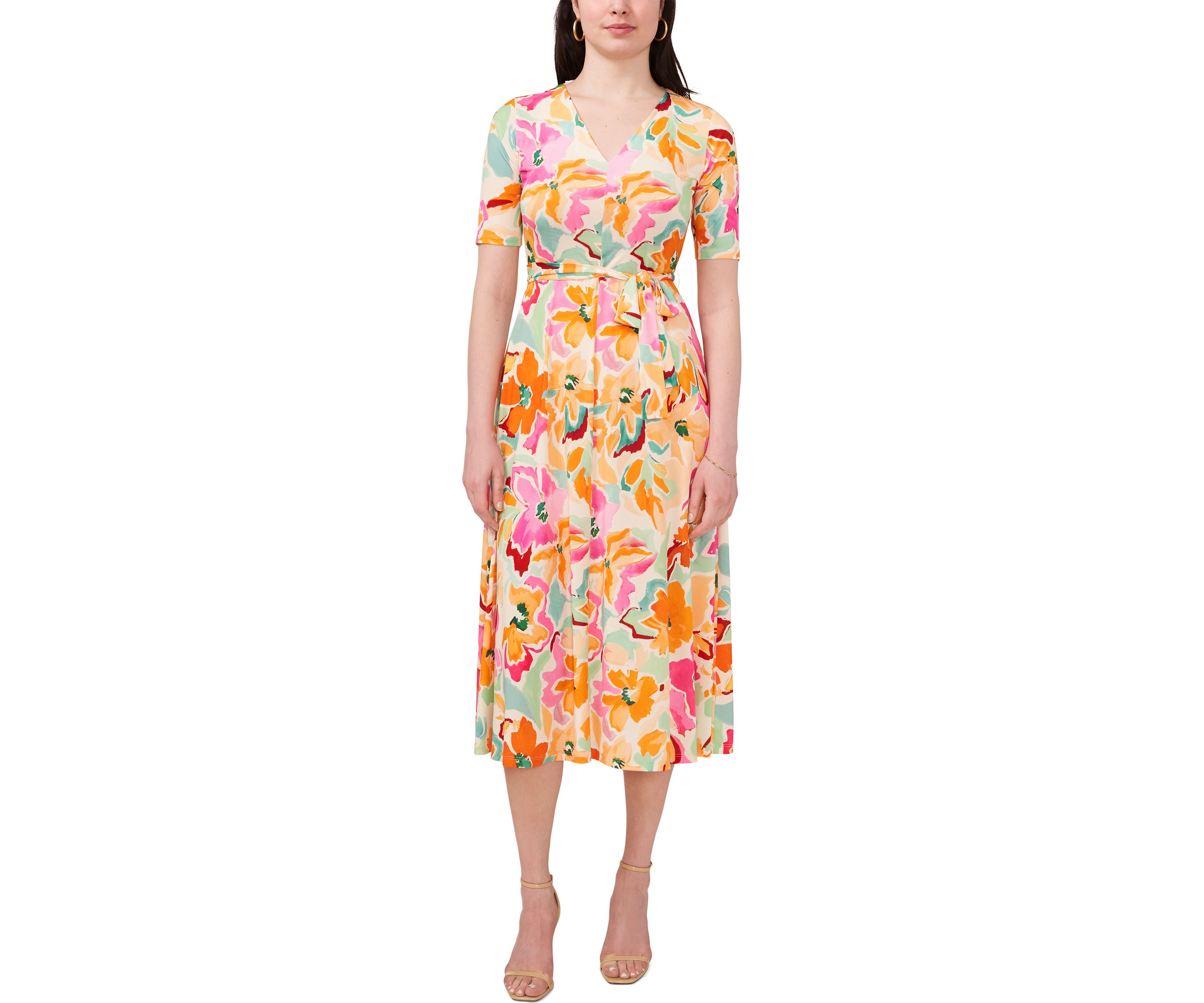 Womens Short Sleeve V-Neck Floral Print Dress
