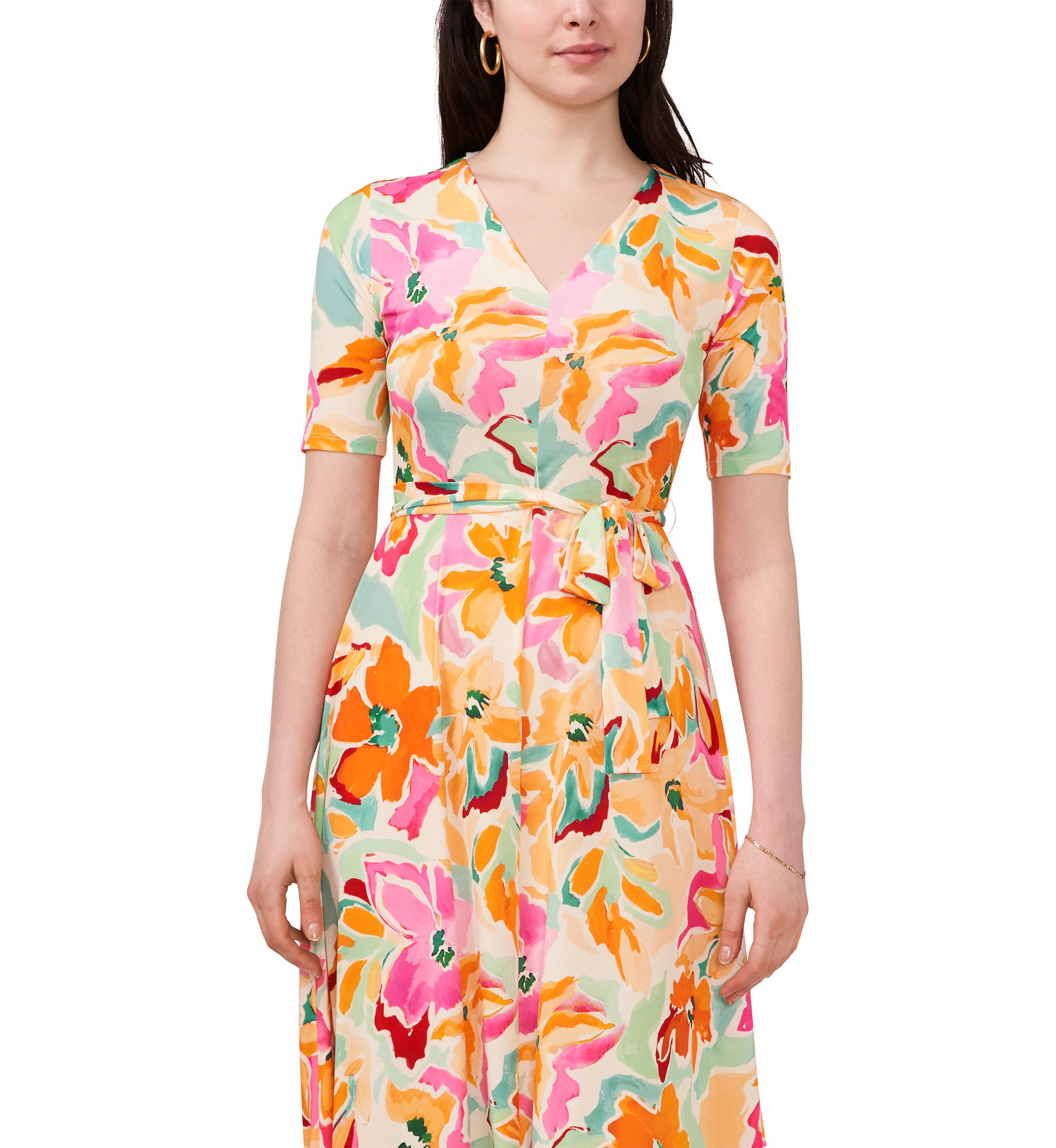 Womens Short Sleeve V-Neck Floral Print Dress