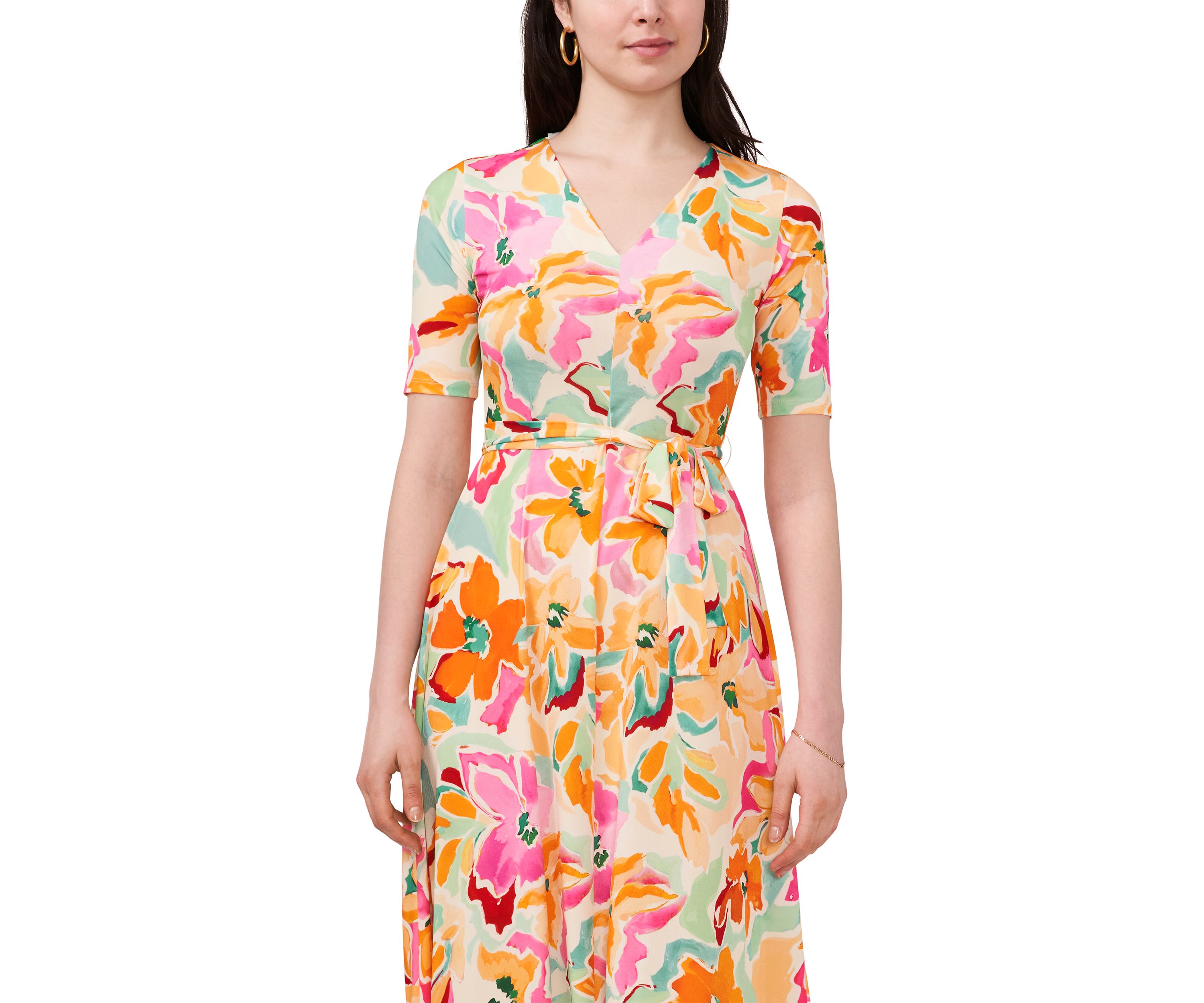 Womens Short Sleeve V-Neck Floral Print Dress