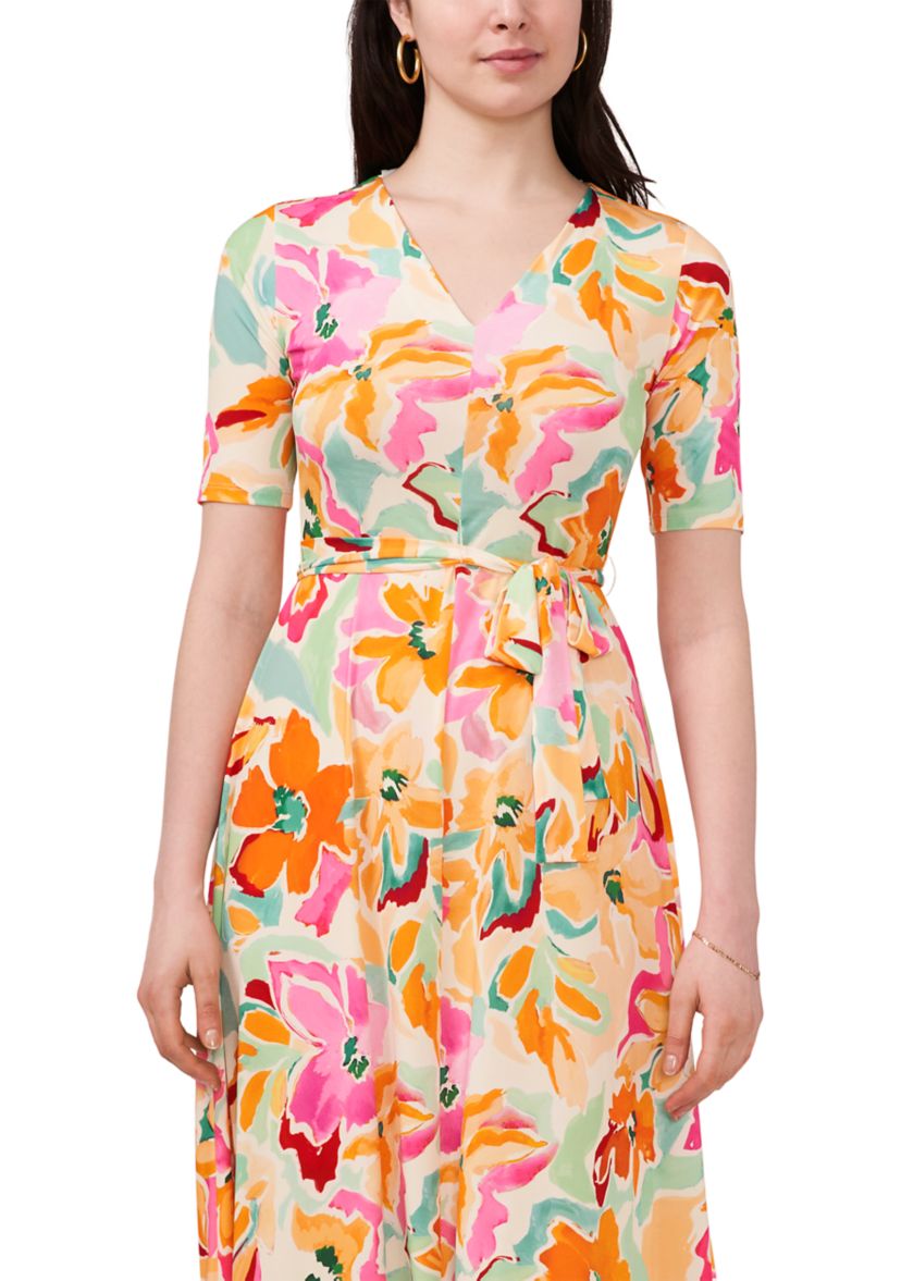 Womens Short Sleeve V-Neck Floral Print Dress