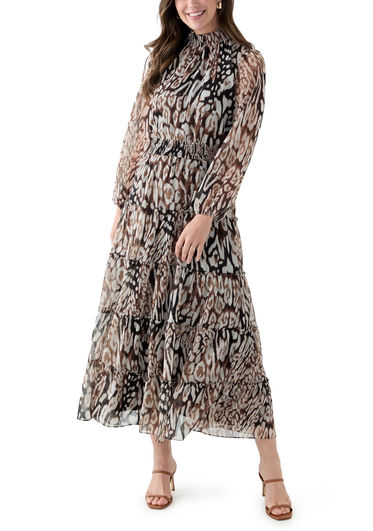 Womens Long Sleeve Mock Neck Animal Print Chiffon Maxi Dress