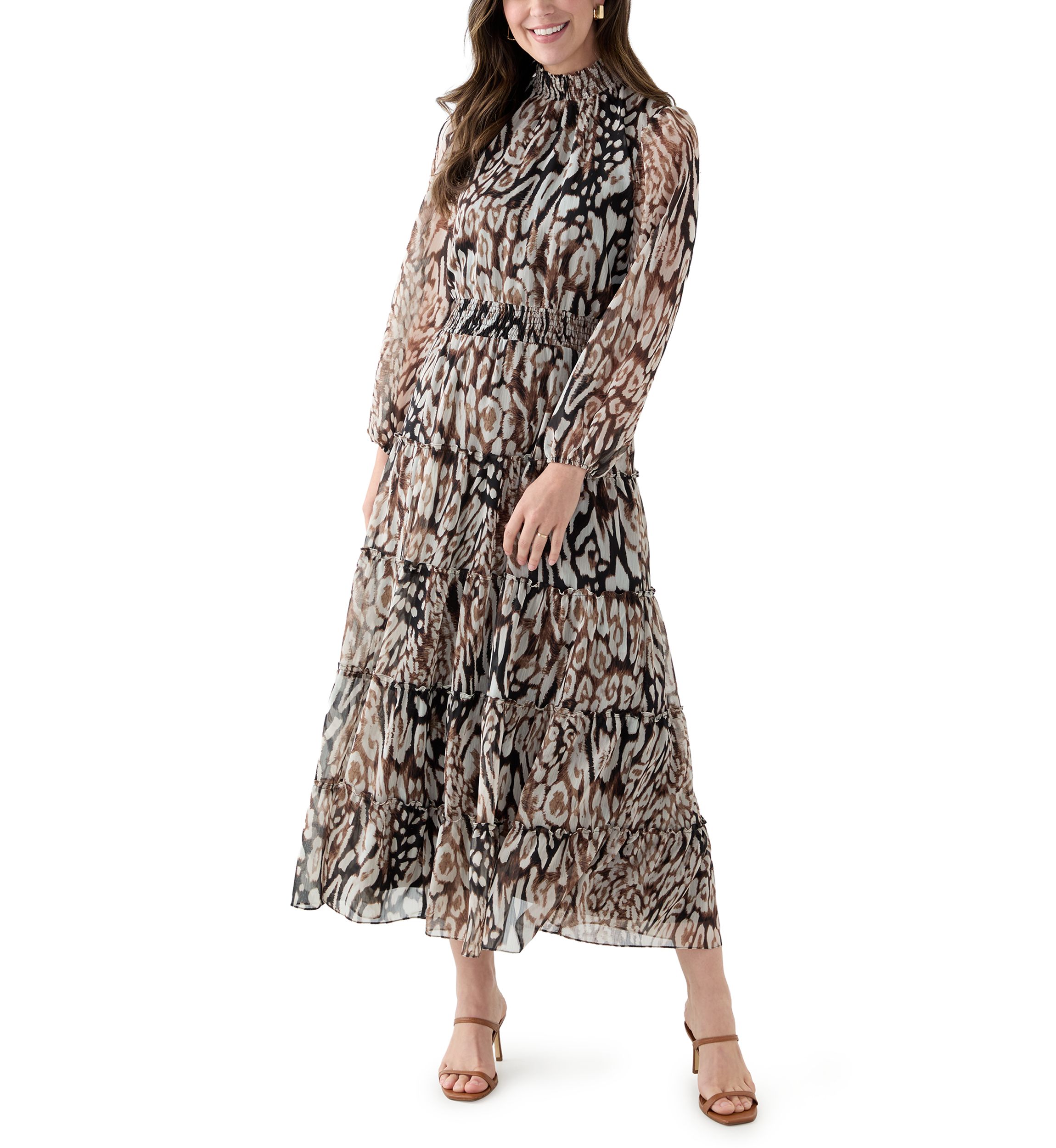 Womens Long Sleeve Mock Neck Animal Print Chiffon Maxi Dress