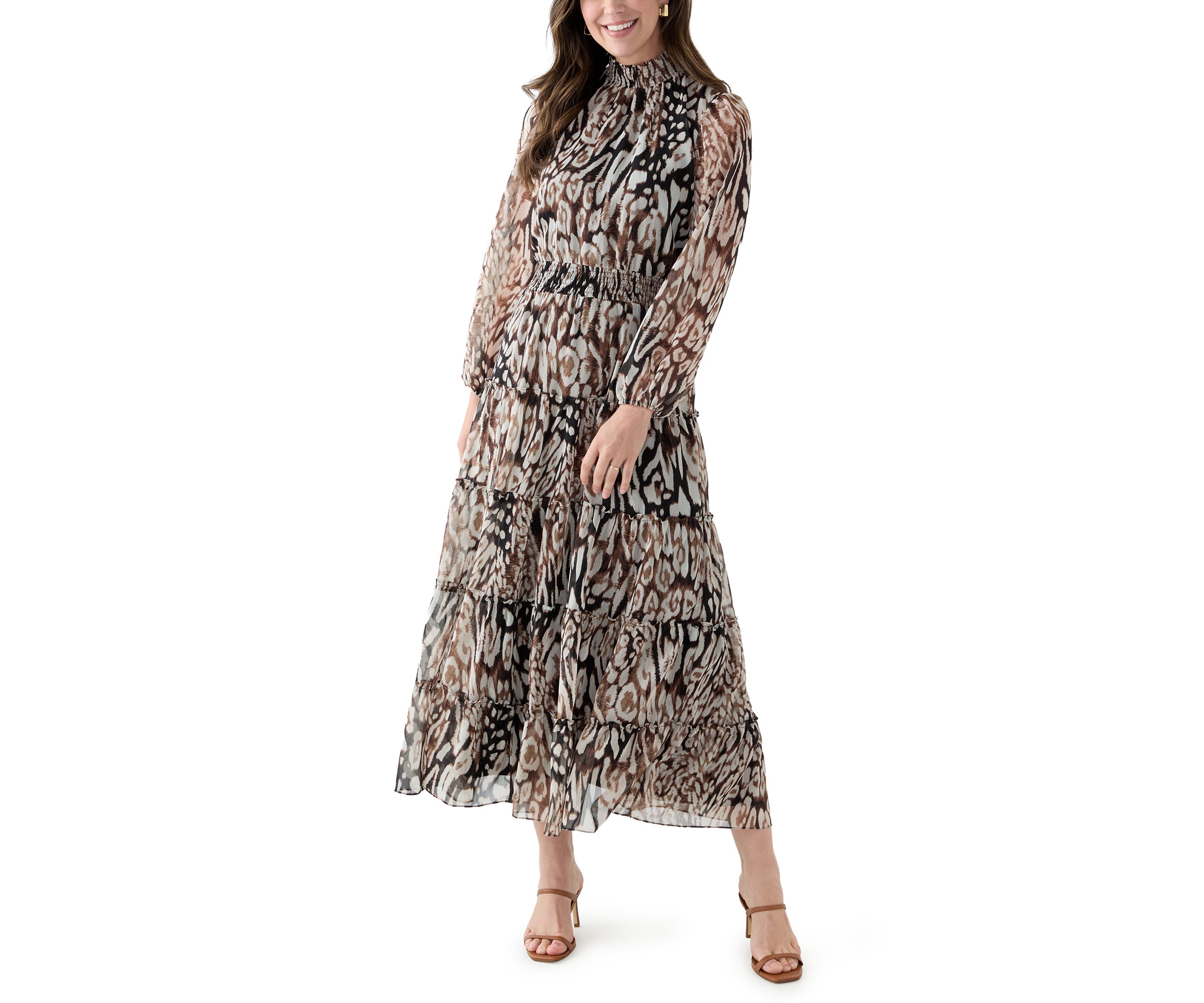 Womens Long Sleeve Mock Neck Animal Print Chiffon Maxi Dress