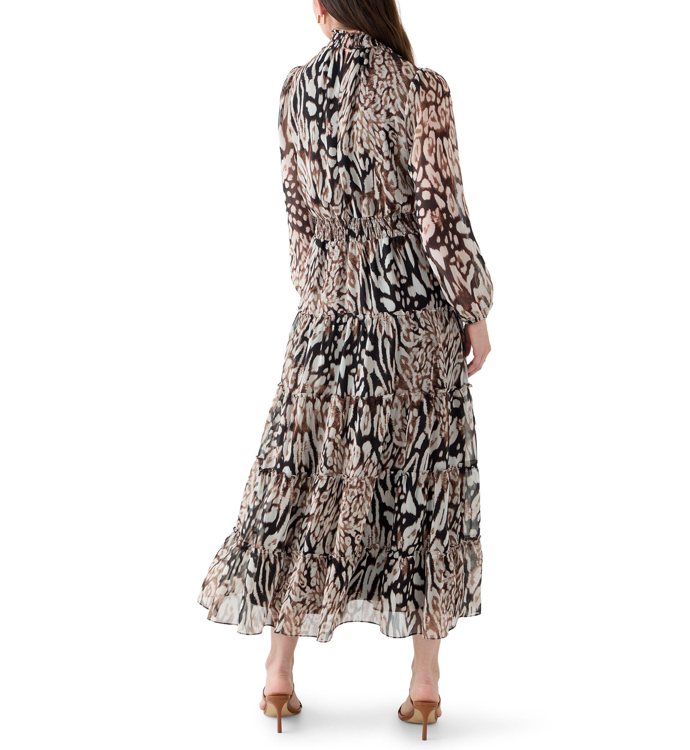 Womens Long Sleeve Mock Neck Animal Print Chiffon Maxi Dress