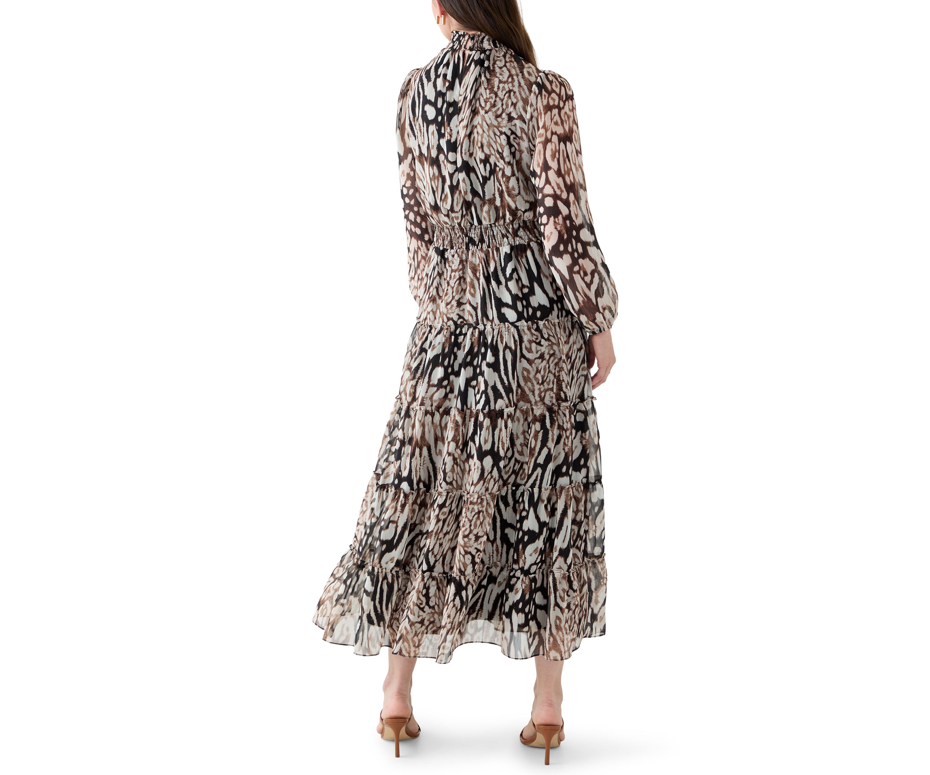 Womens Long Sleeve Mock Neck Animal Print Chiffon Maxi Dress