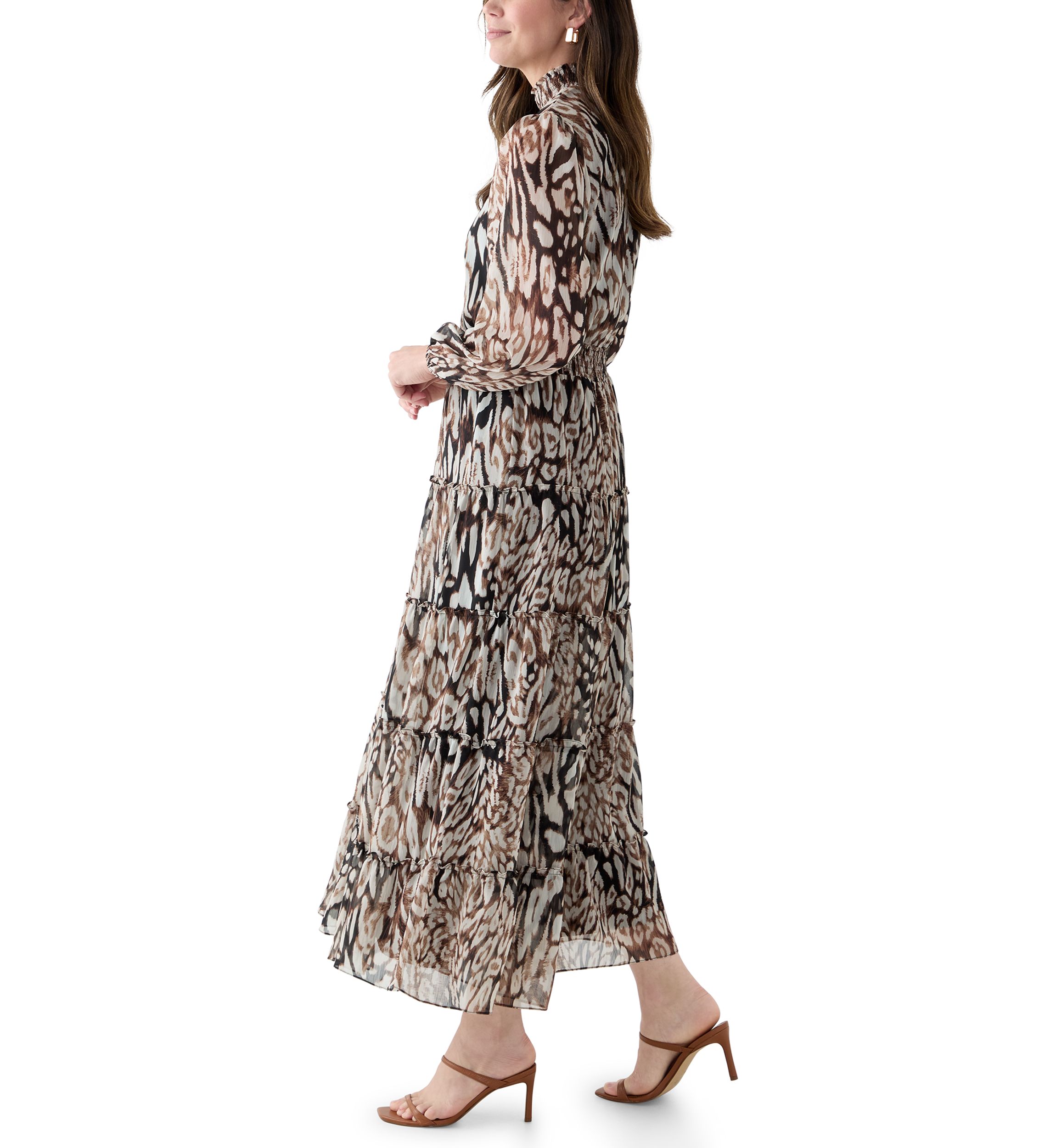 Womens Long Sleeve Mock Neck Animal Print Chiffon Maxi Dress