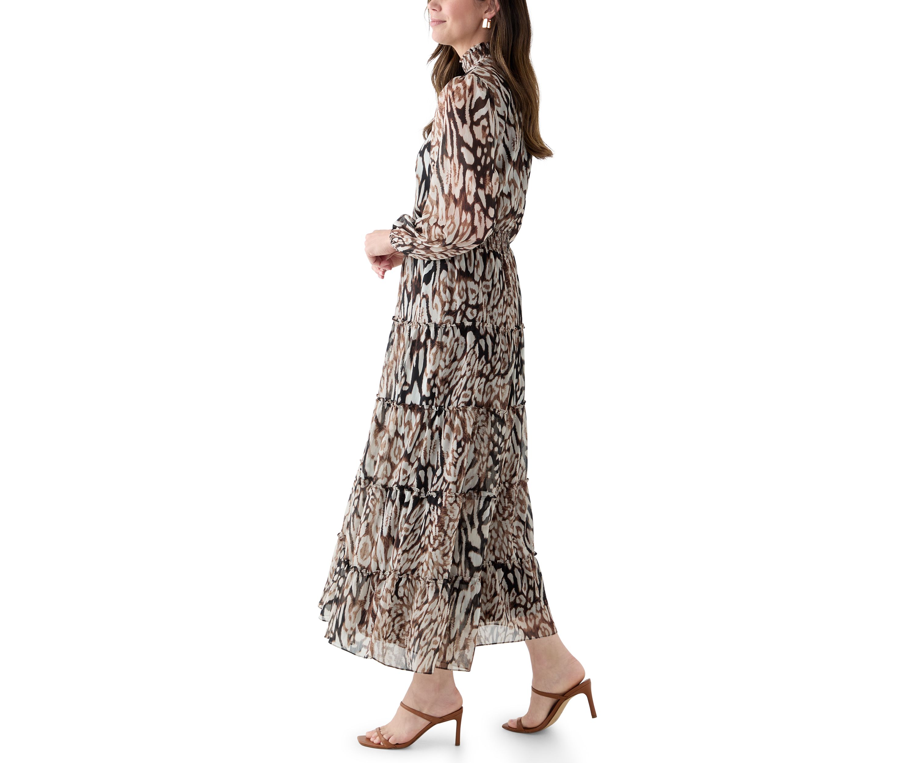 Womens Long Sleeve Mock Neck Animal Print Chiffon Maxi Dress
