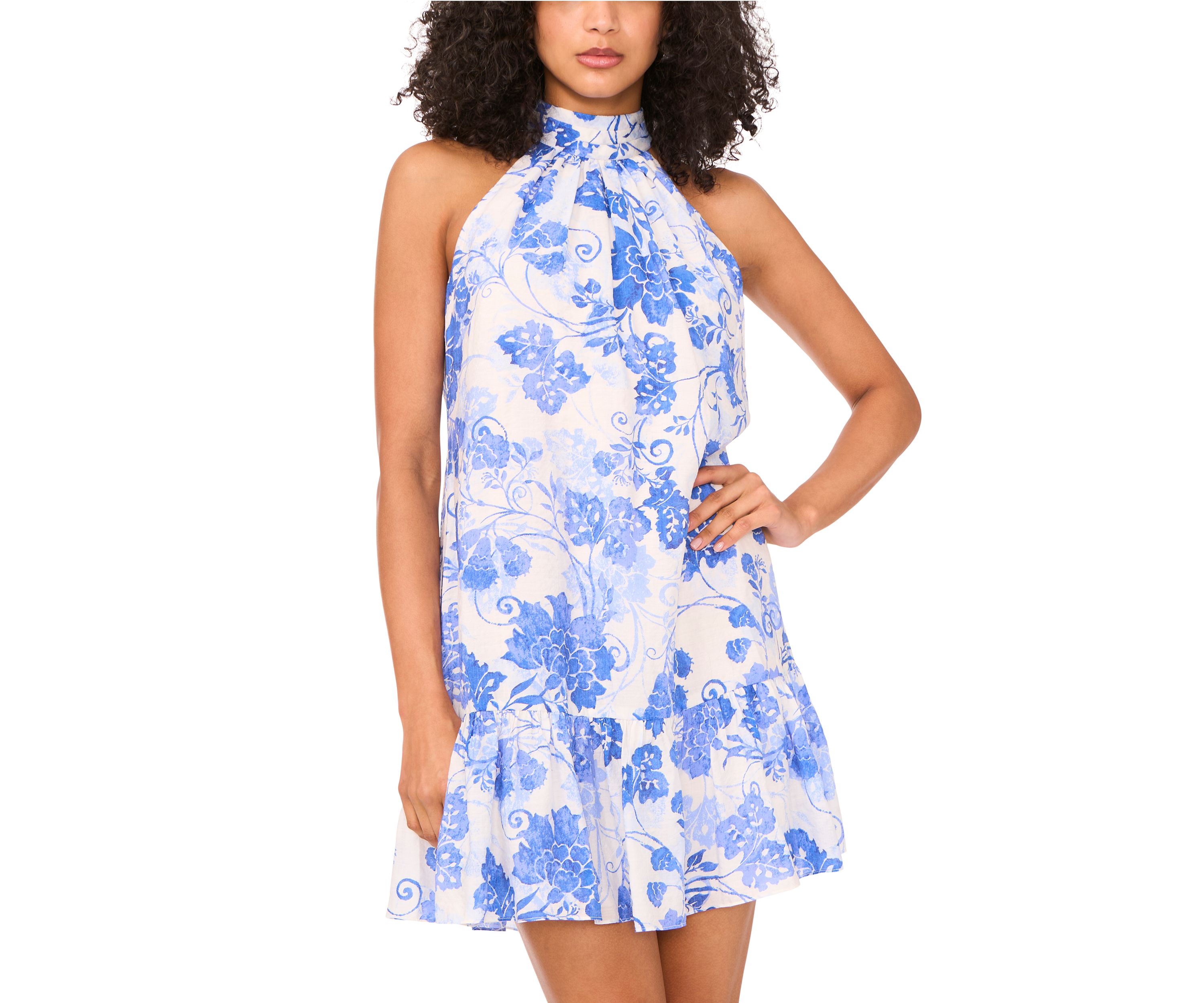Womens Sleeveless Halter Neck Floral Print A-Line Dress