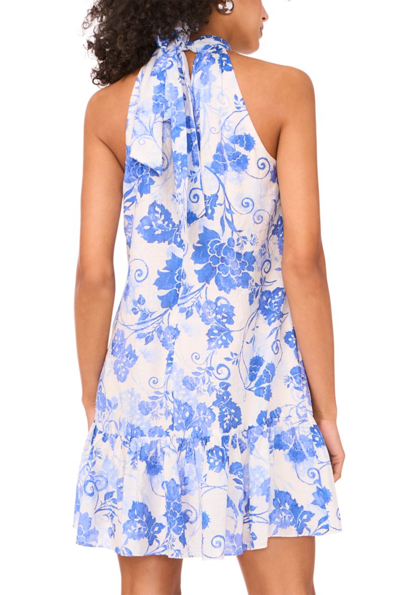 Womens Sleeveless Halter Neck Floral Print A-Line Dress