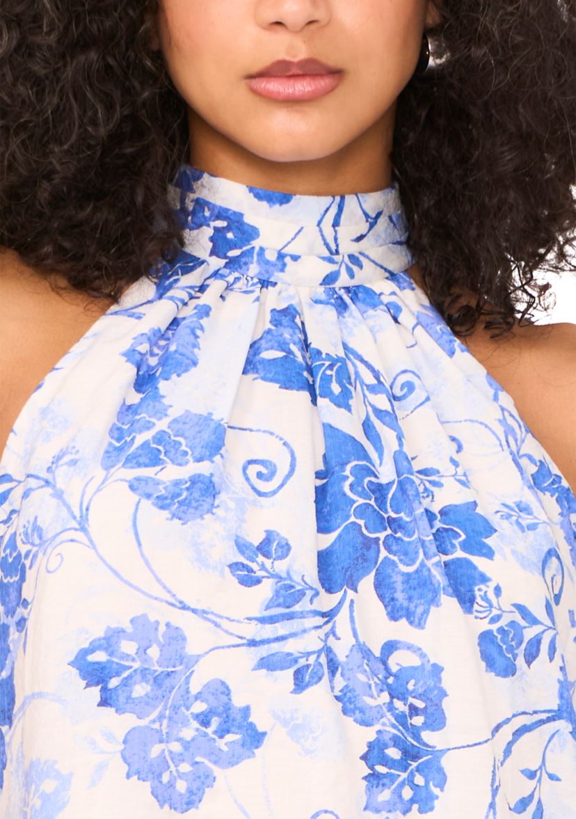 Womens Sleeveless Halter Neck Floral Print A-Line Dress
