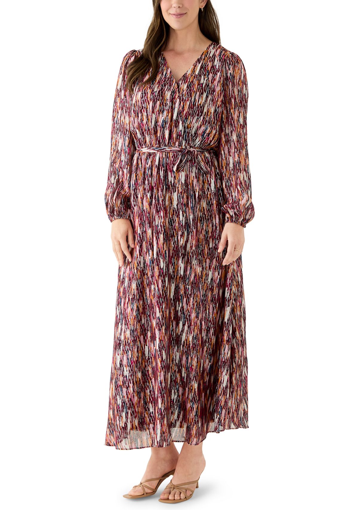 Womens Long Sleeve V-Neck Chiffon Print A-Line Dress