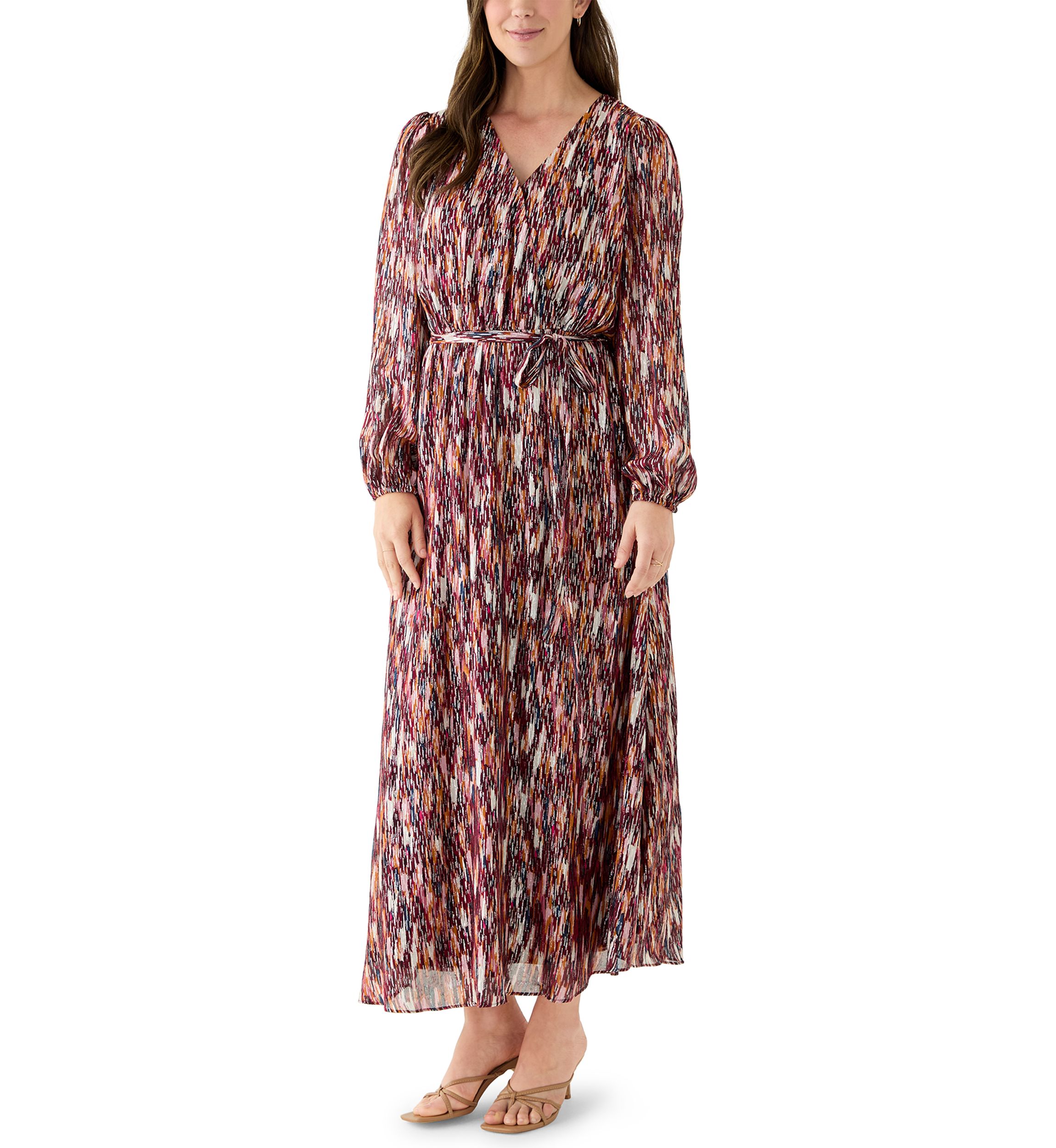 Womens Long Sleeve V-Neck Chiffon Print A-Line Dress