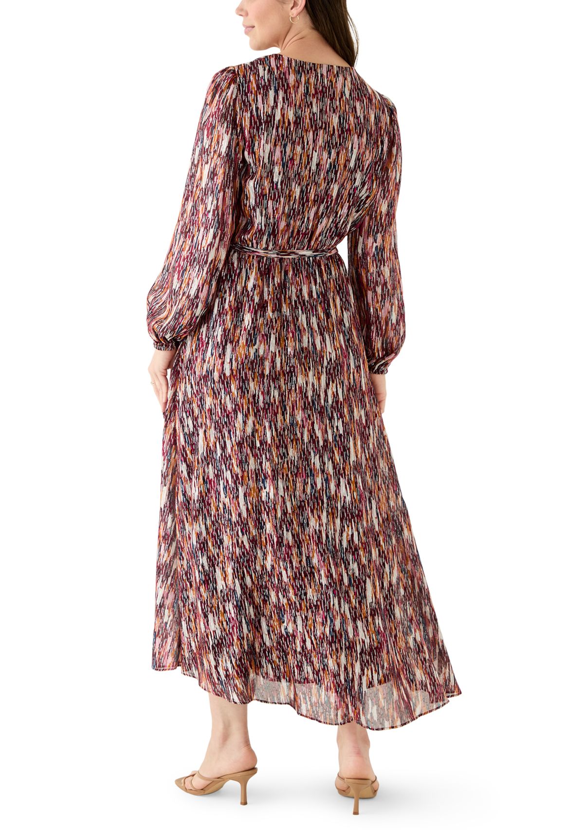 Womens Long Sleeve V-Neck Chiffon Print A-Line Dress