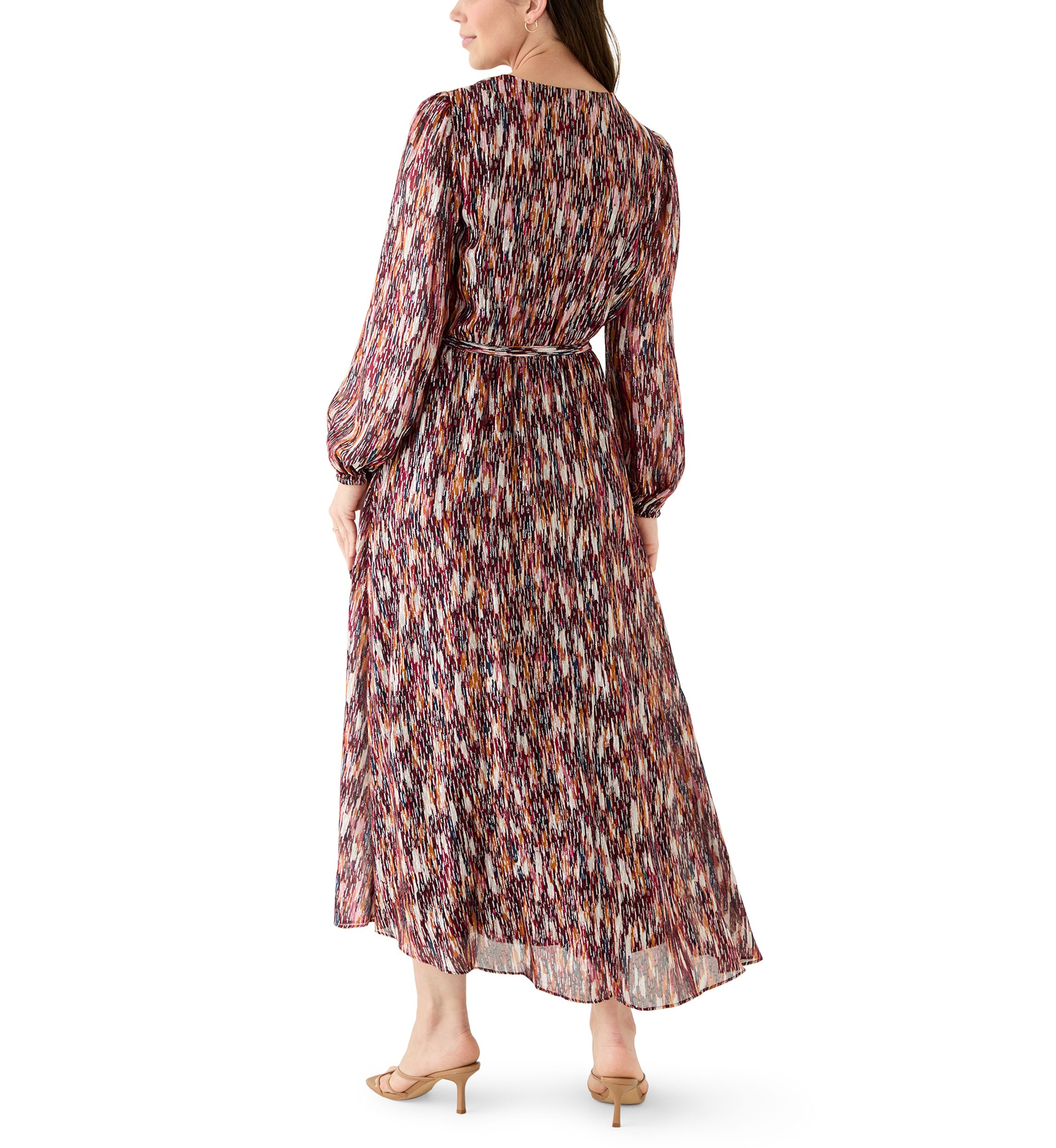 Womens Long Sleeve V-Neck Chiffon Print A-Line Dress