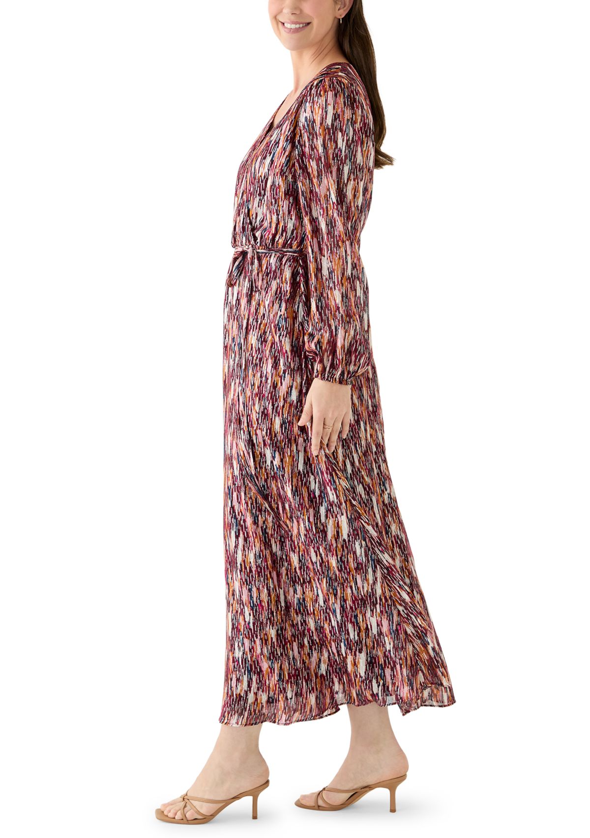 Womens Long Sleeve V-Neck Chiffon Print A-Line Dress