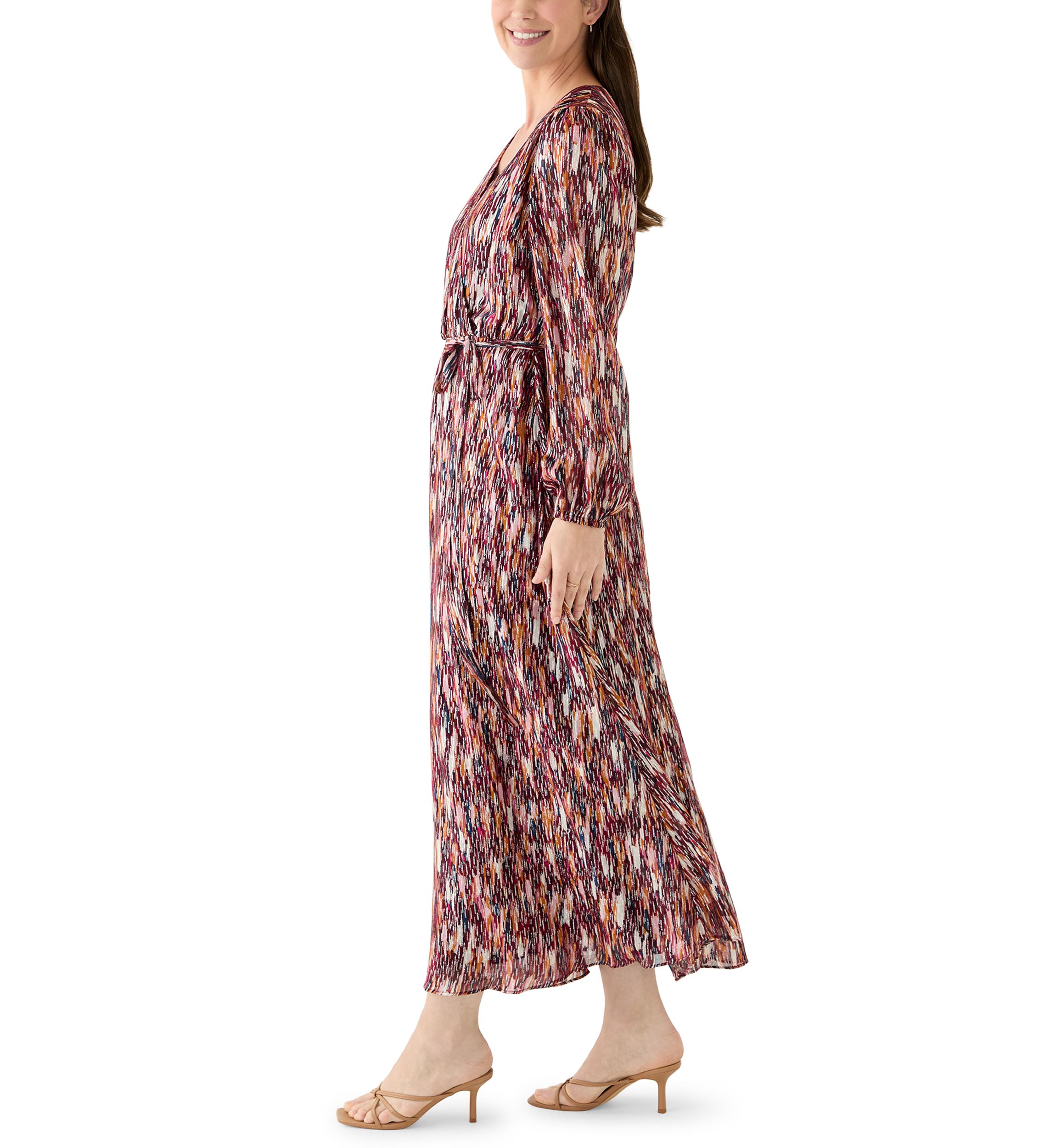 Womens Long Sleeve V-Neck Chiffon Print A-Line Dress