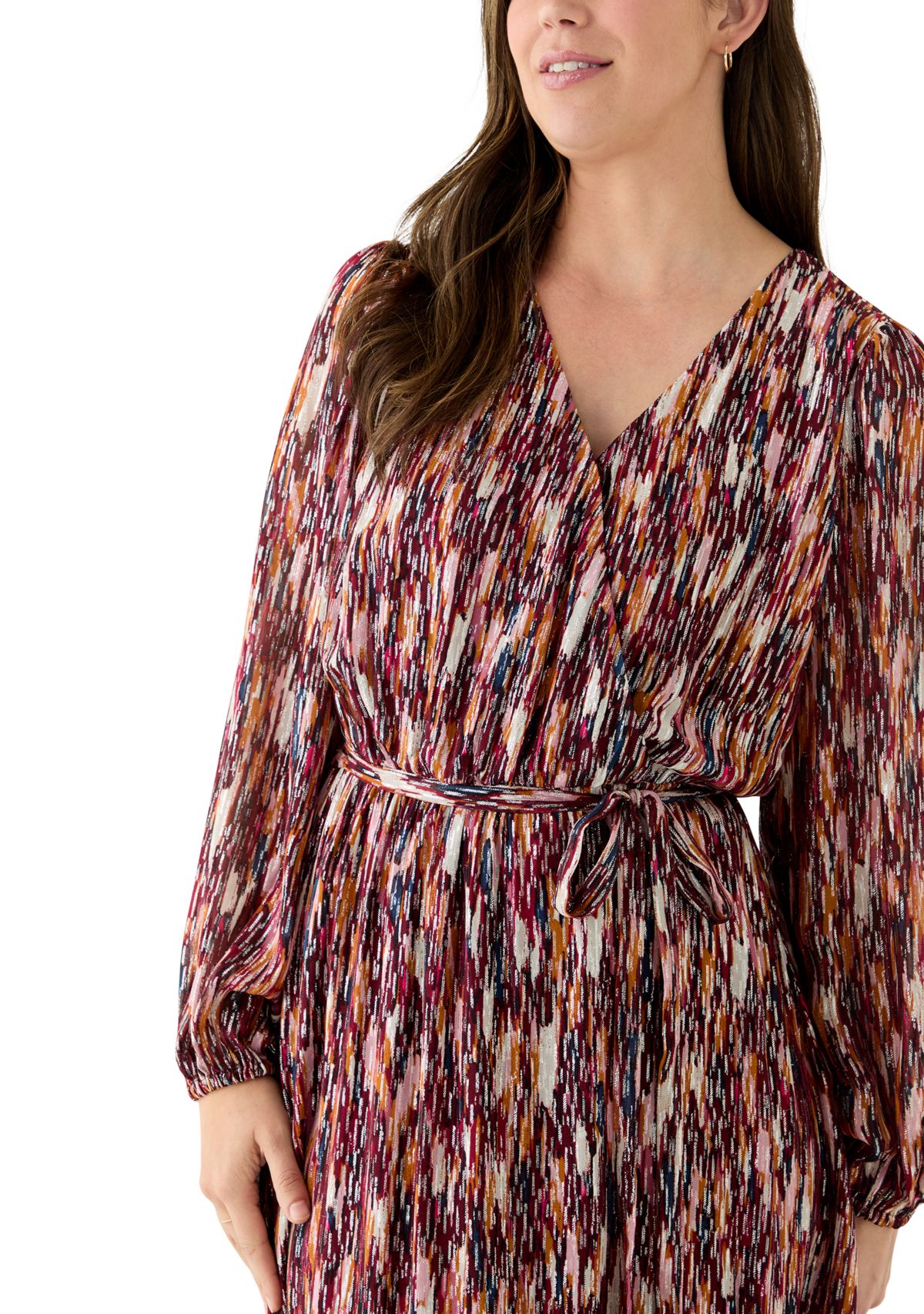 Womens Long Sleeve V-Neck Chiffon Print A-Line Dress