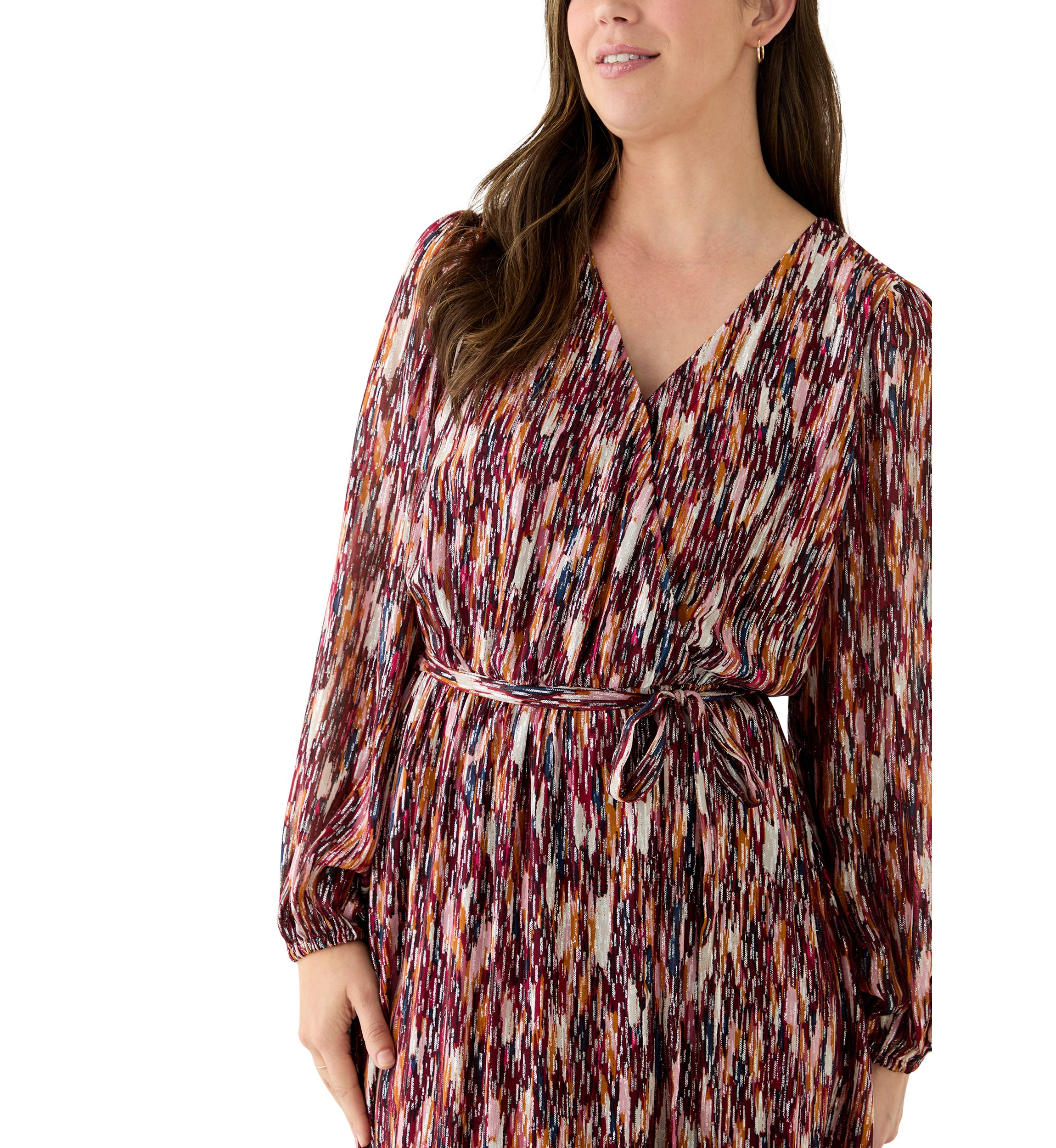 Womens Long Sleeve V-Neck Chiffon Print A-Line Dress