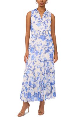 MSK Women's Sleeveless Mock Neck Tier Floral Print Dress, Blue, Large