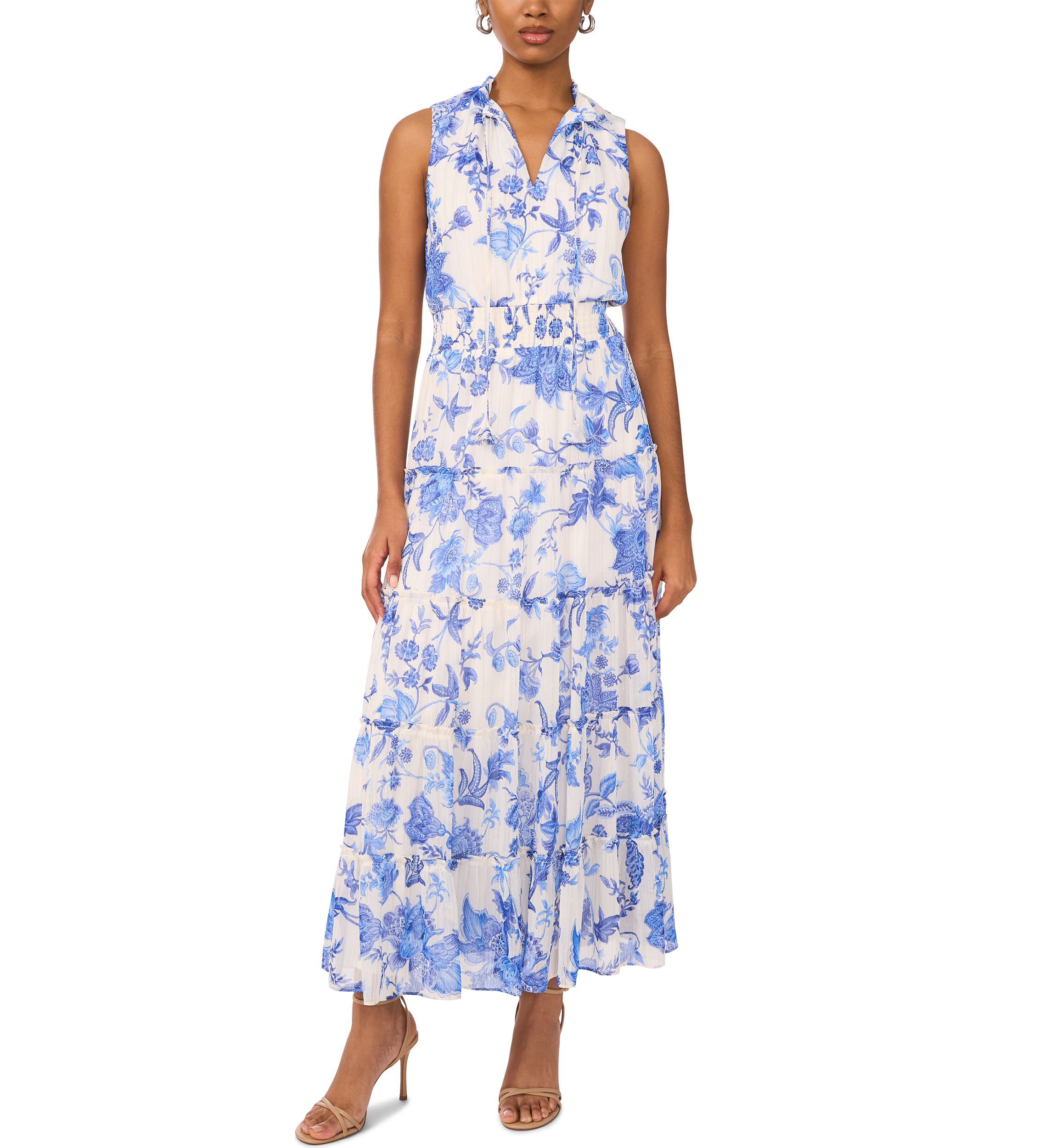 Womens Sleeveless Mock Neck Tier Floral Print Dress