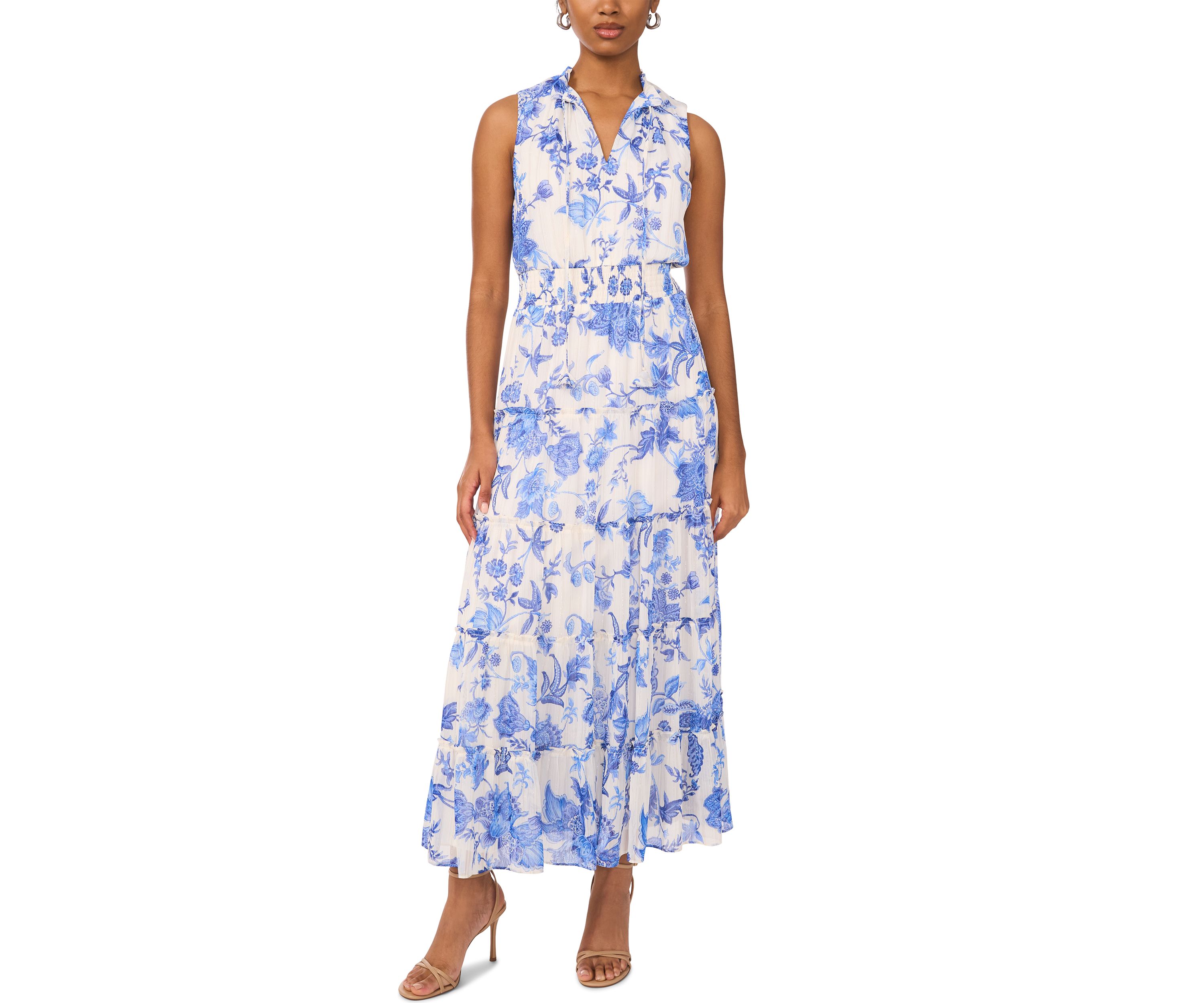 Womens Sleeveless Mock Neck Tier Floral Print Dress