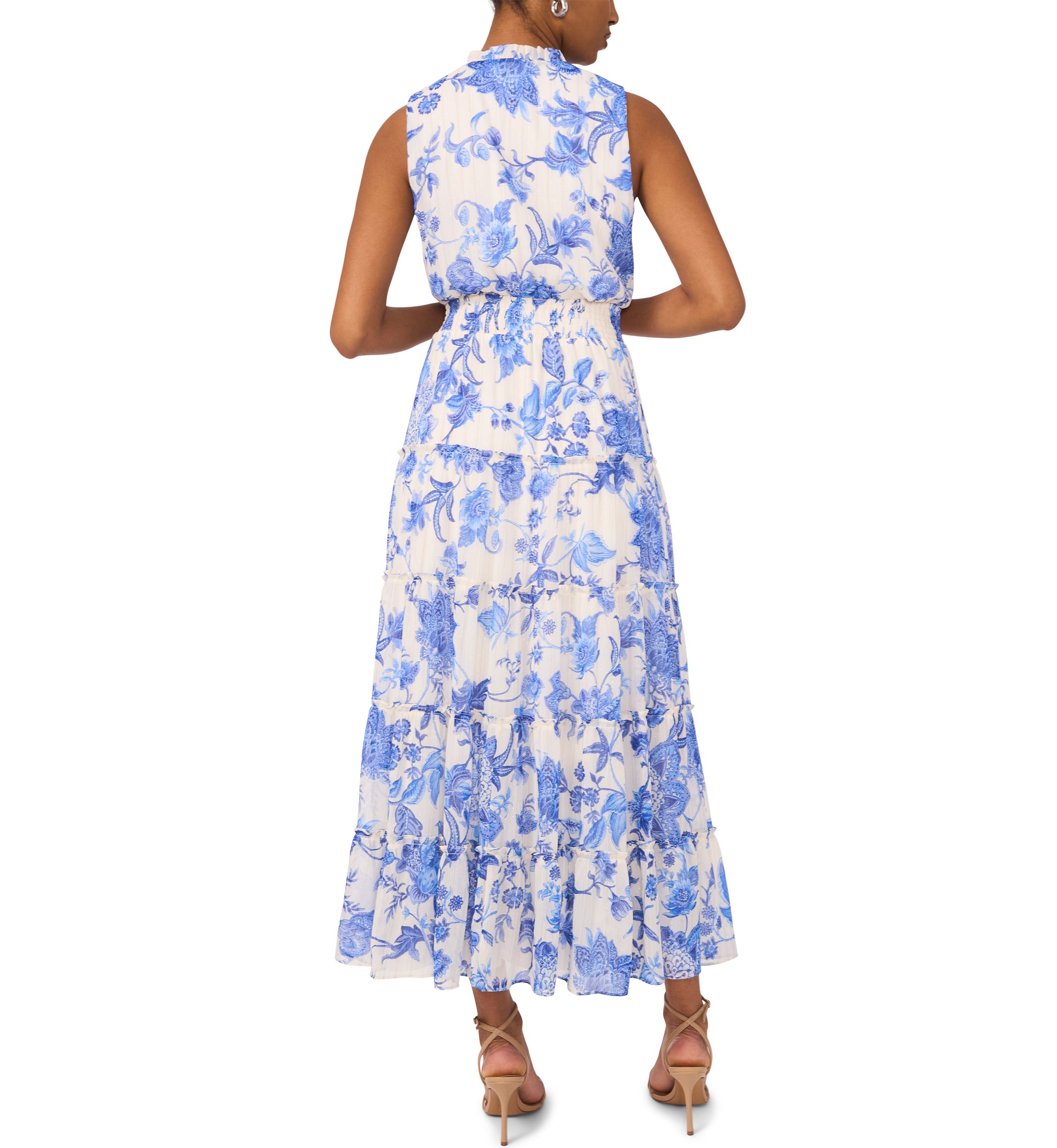 Womens Sleeveless Mock Neck Tier Floral Print Dress
