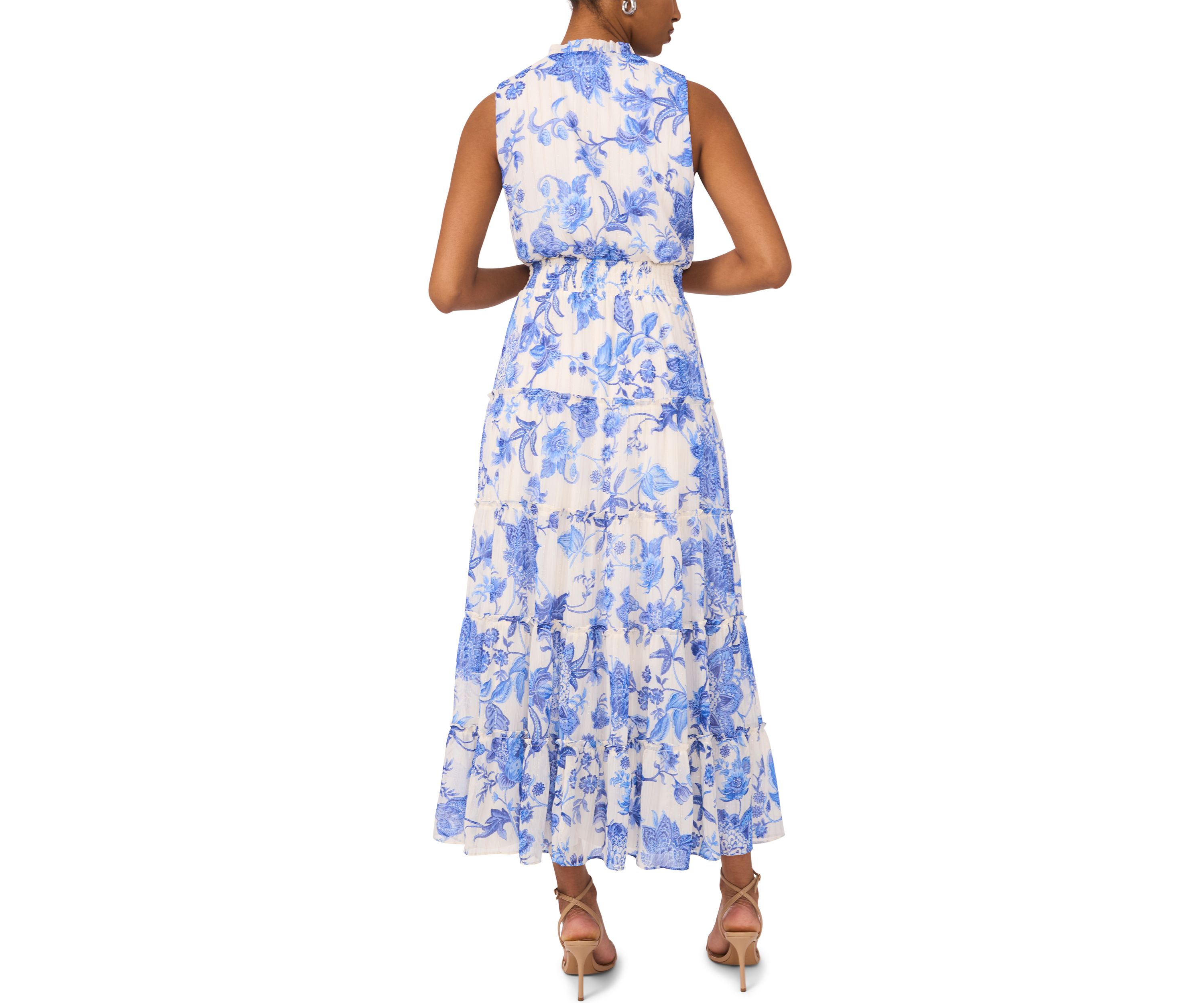 Womens Sleeveless Mock Neck Tier Floral Print Dress
