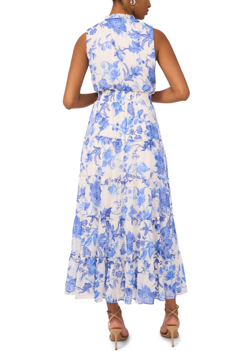 Womens Sleeveless Mock Neck Tier Floral Print Dress