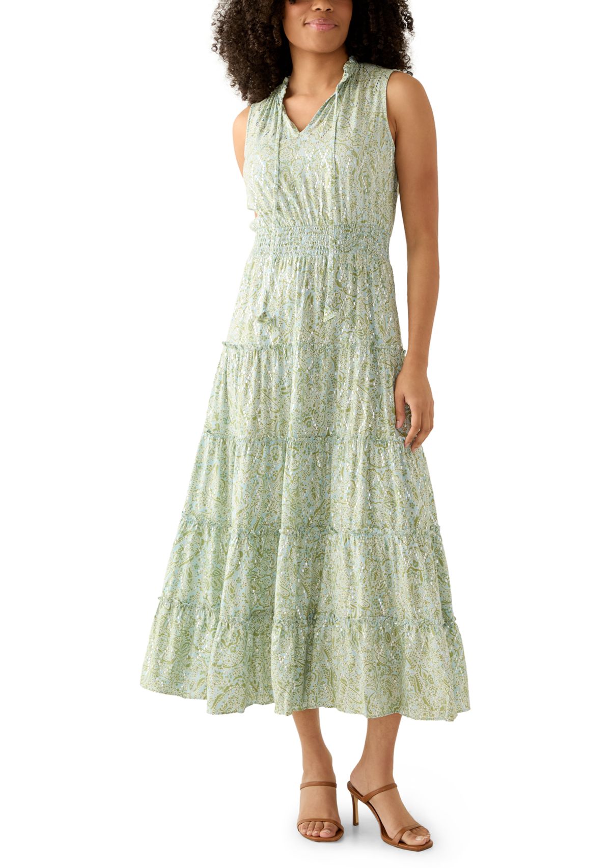 Womens Sleeveless Tie Neck Tiered Maxi Dress