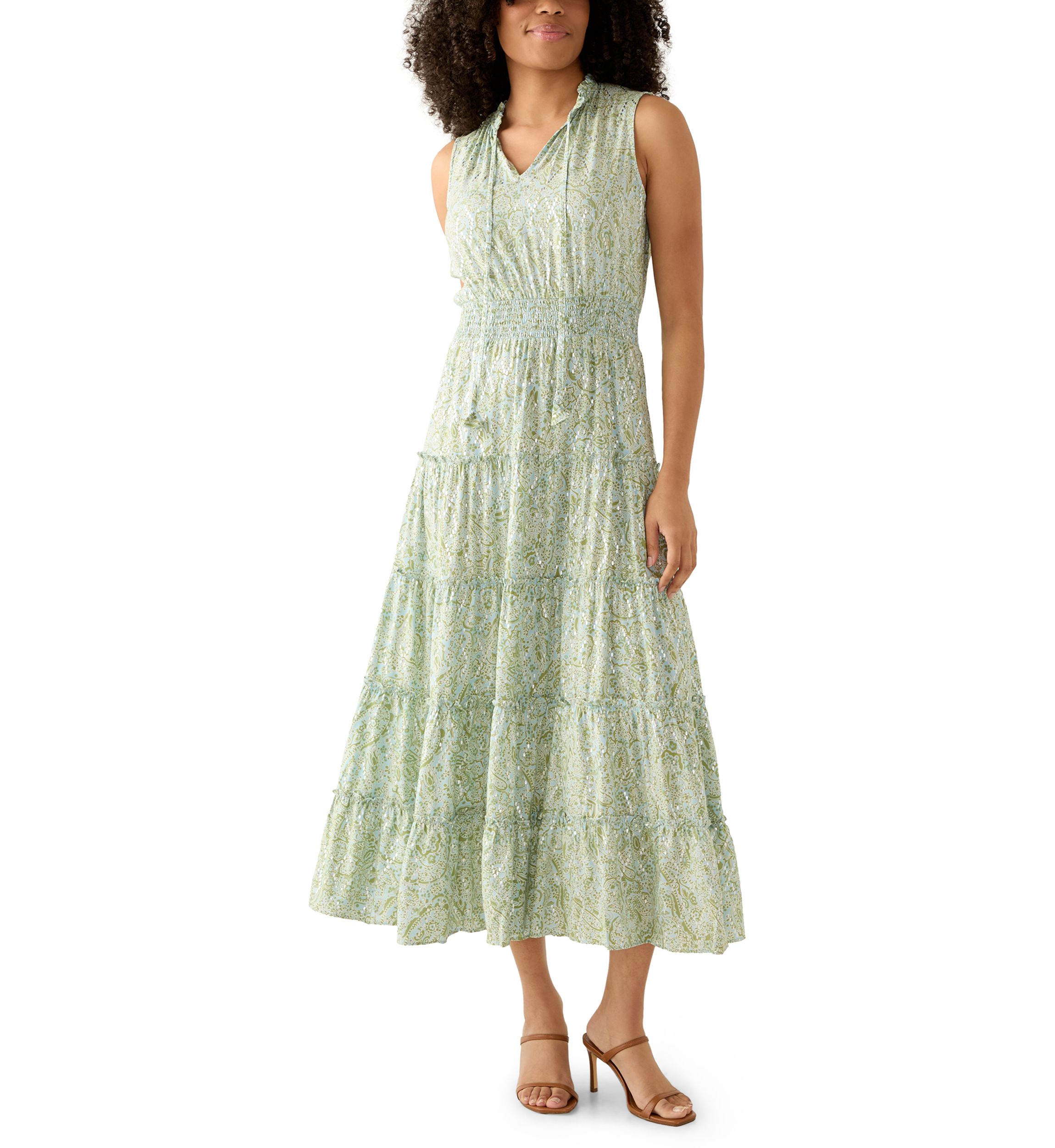 Womens Sleeveless Tie Neck Tiered Maxi Dress