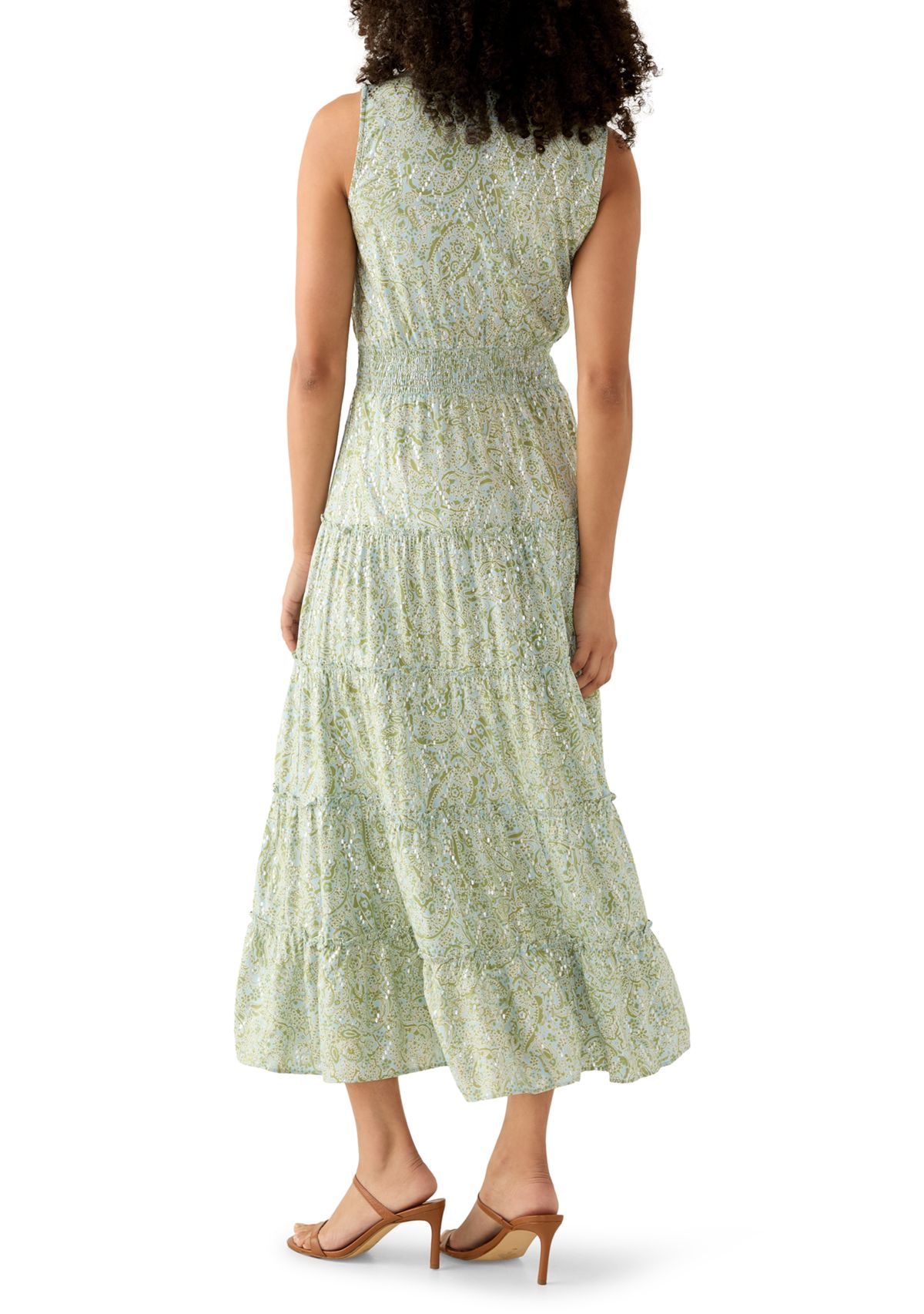 Womens Sleeveless Tie Neck Tiered Maxi Dress