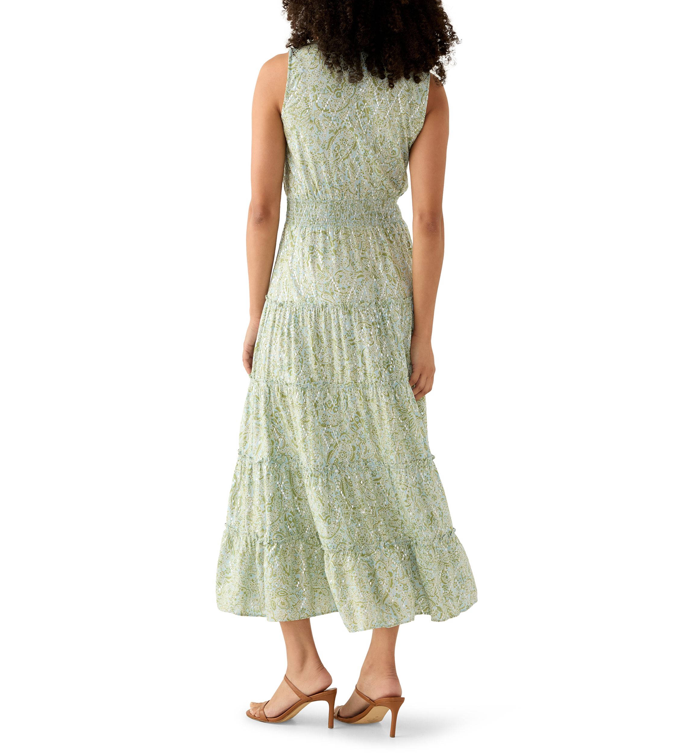 Womens Sleeveless Tie Neck Tiered Maxi Dress