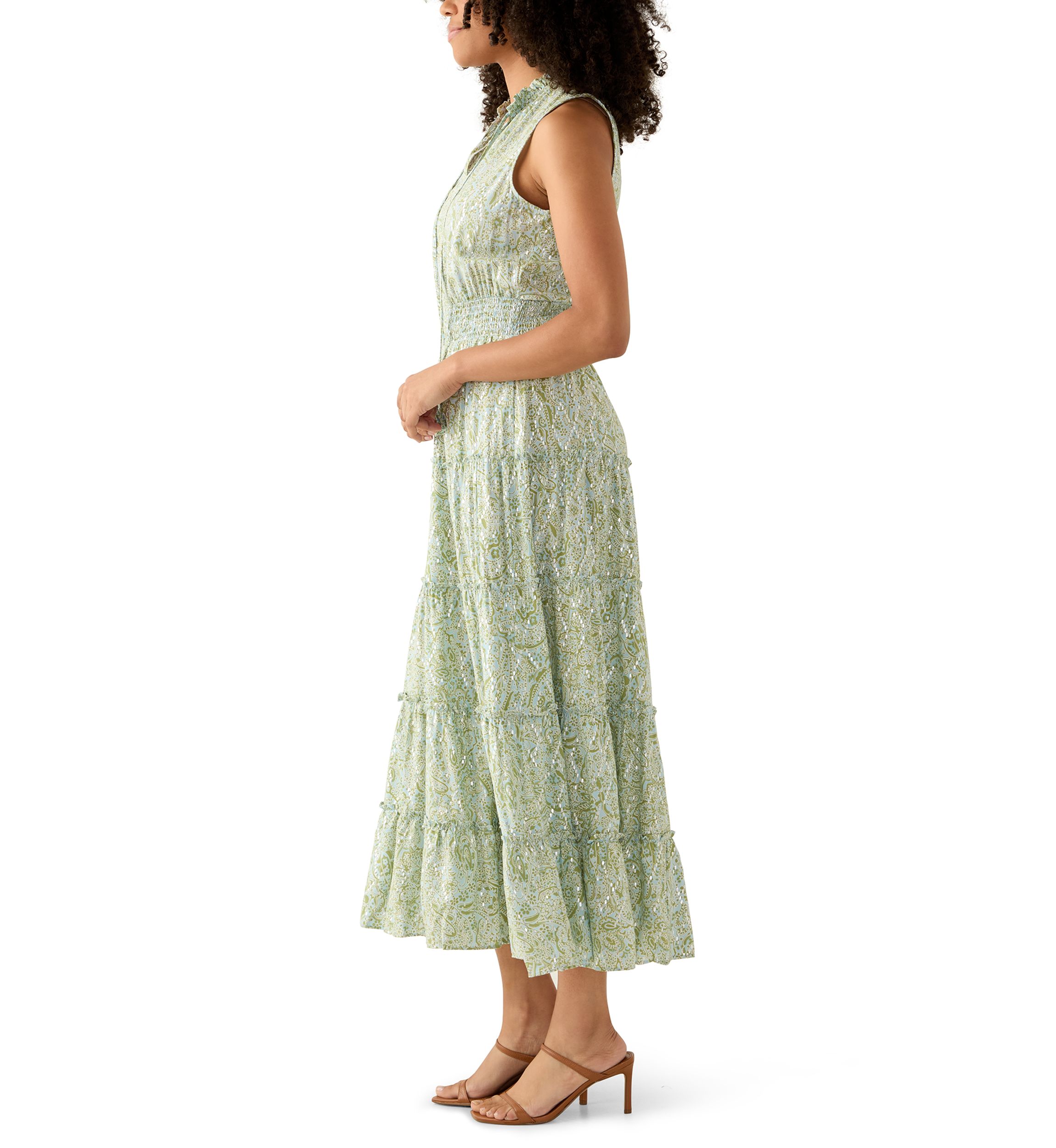 Womens Sleeveless Tie Neck Tiered Maxi Dress