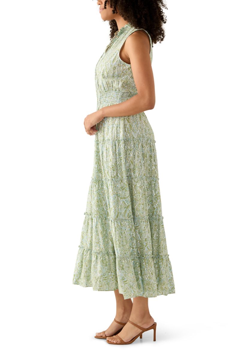 Womens Sleeveless Tie Neck Tiered Maxi Dress