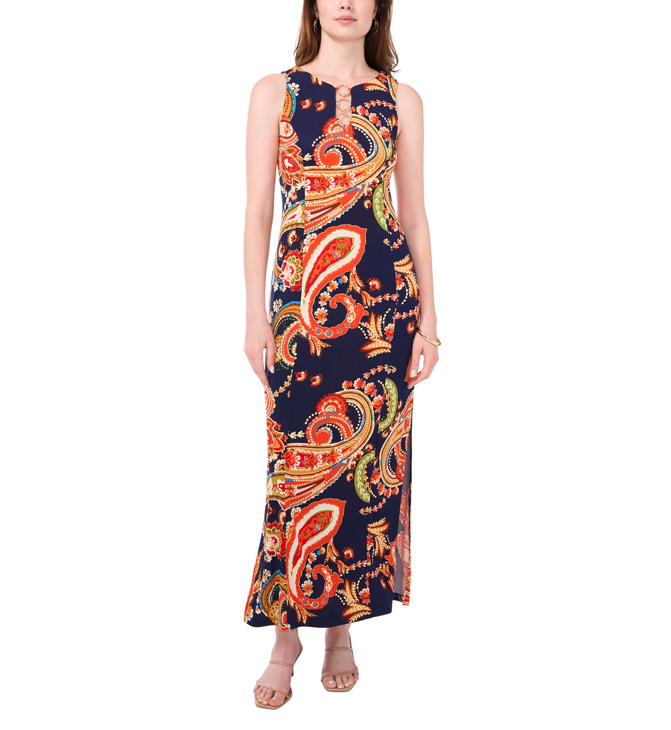 Womens Sleeveless Crew Neck 3 Ring Detail Paisley Print Maxi Dress