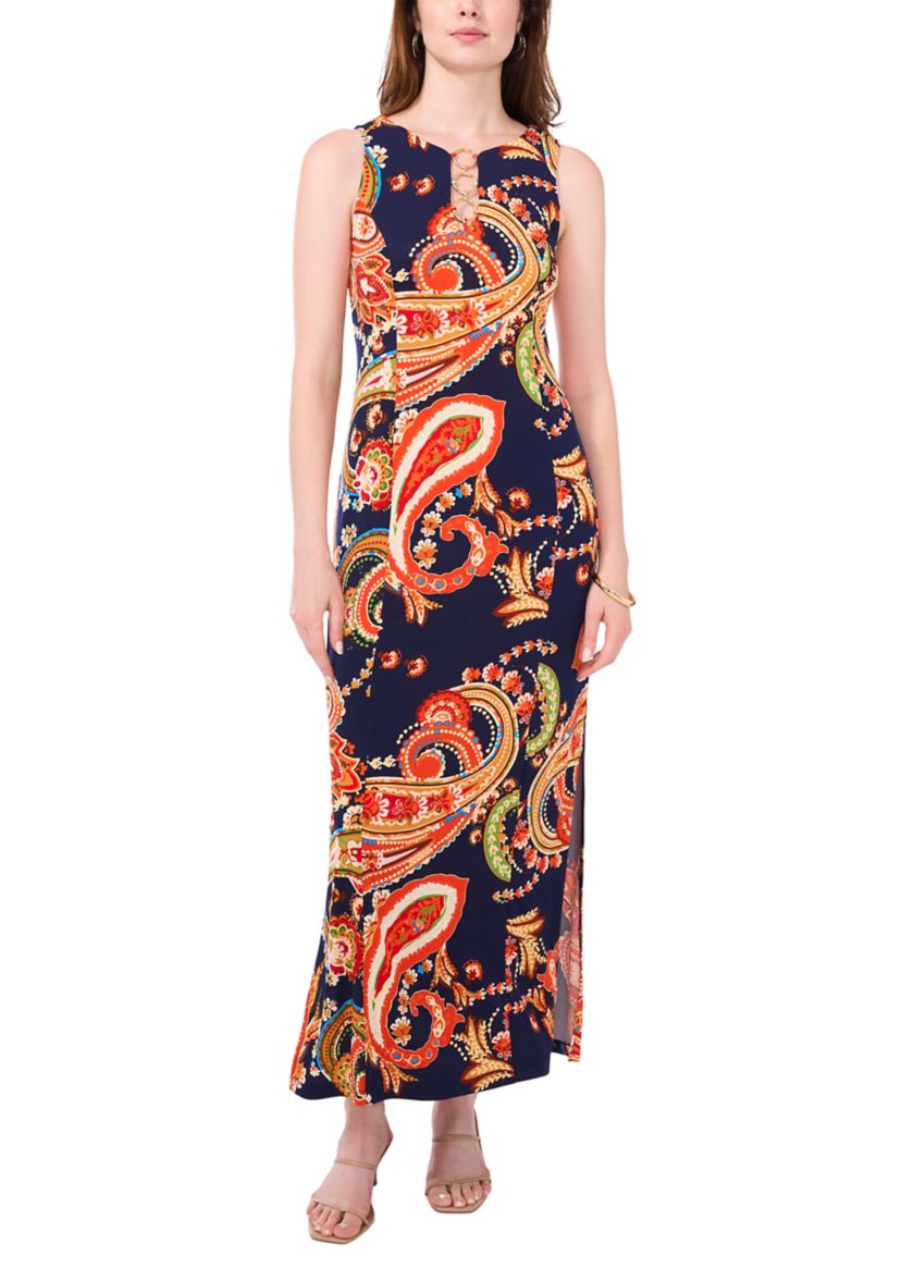 Womens Sleeveless Crew Neck 3 Ring Detail Paisley Print Maxi Dress