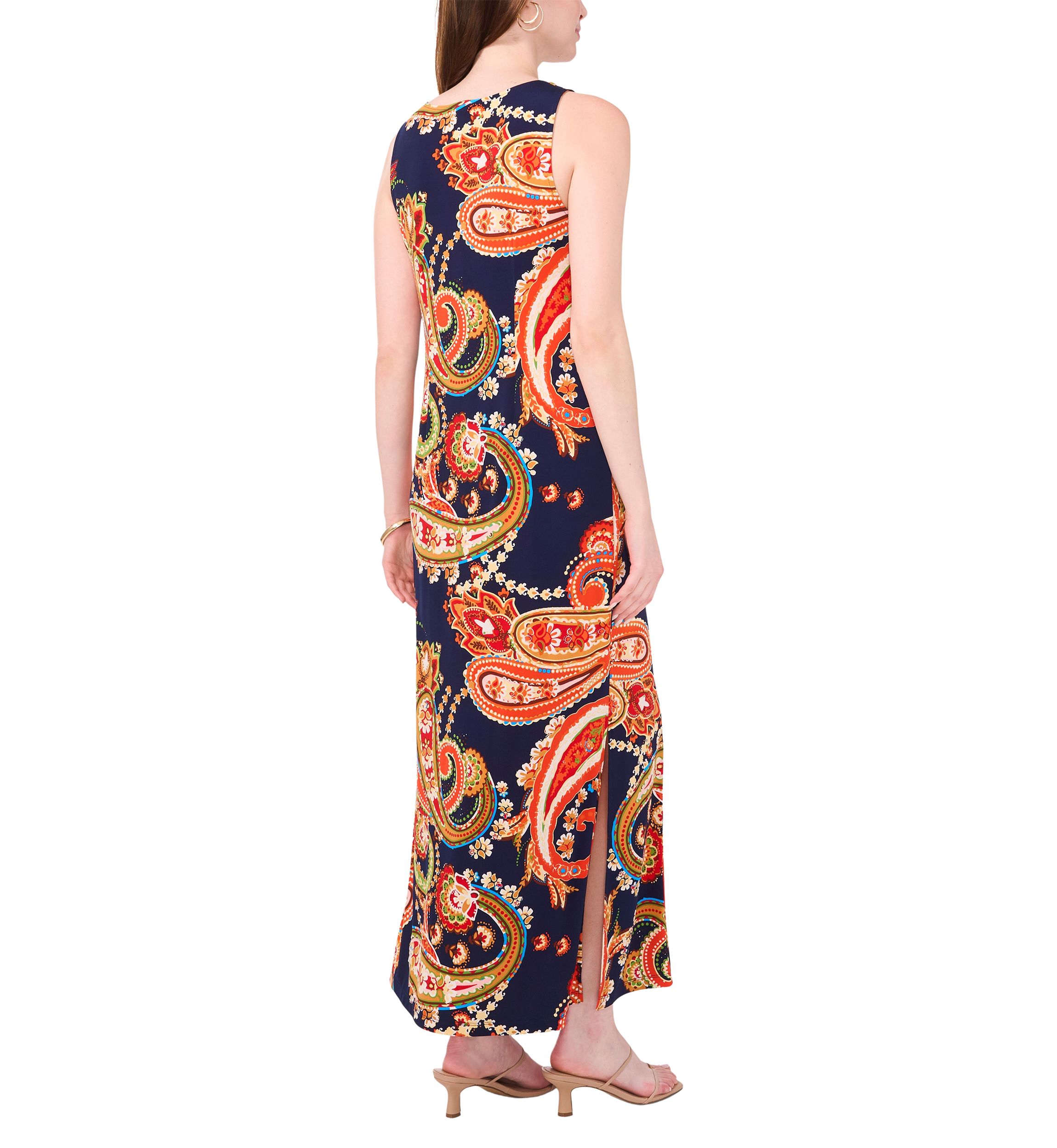 Womens Sleeveless Crew Neck 3 Ring Detail Paisley Print Maxi Dress