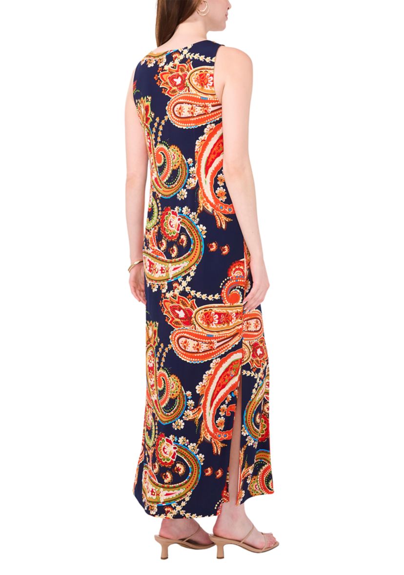 Womens Sleeveless Crew Neck 3 Ring Detail Paisley Print Maxi Dress