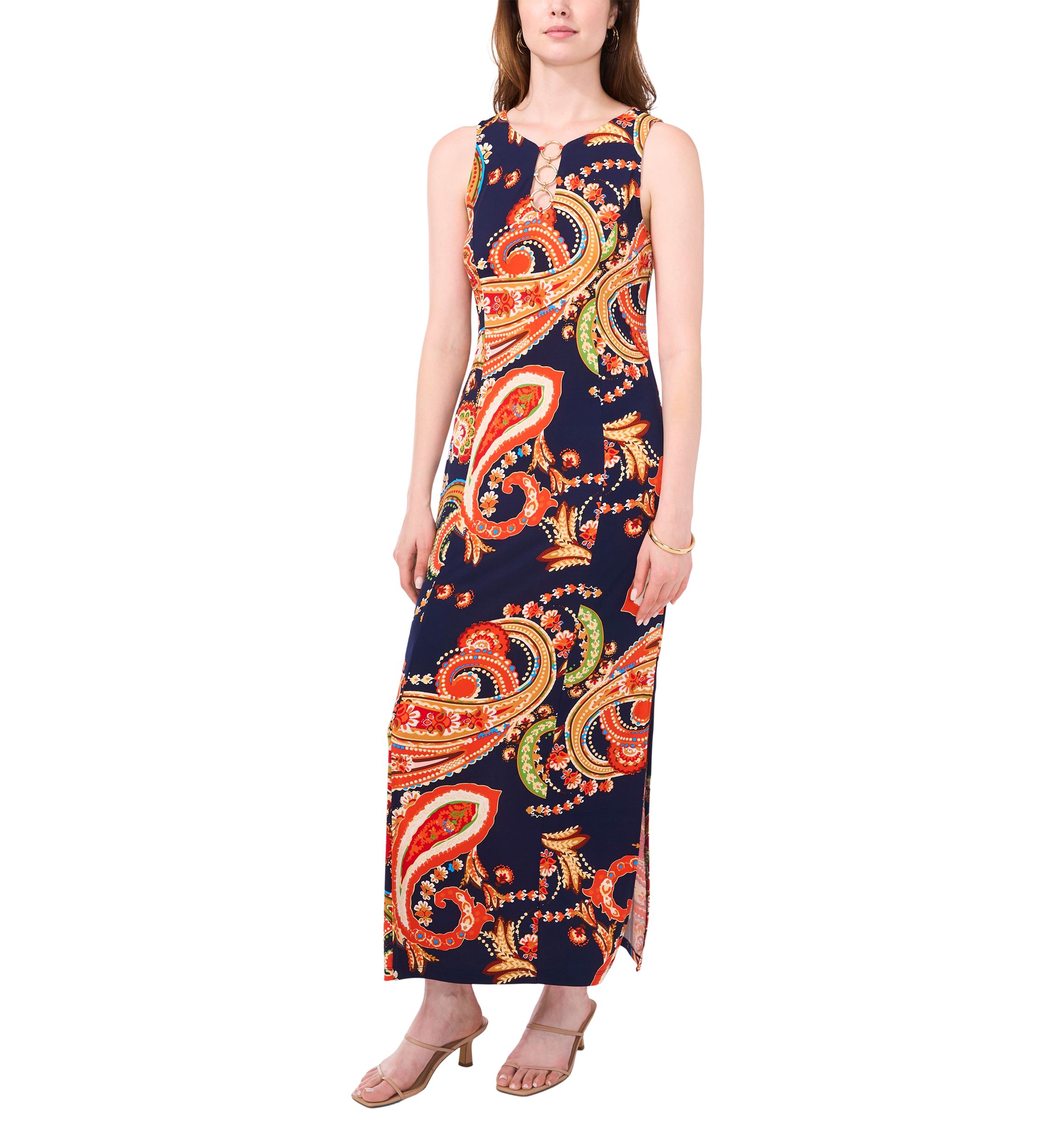 Womens Sleeveless Crew Neck 3 Ring Detail Paisley Print Maxi Dress