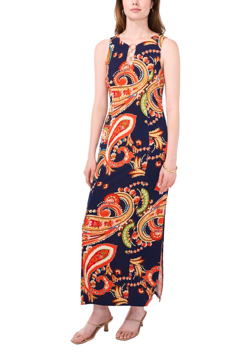 Womens Sleeveless Crew Neck 3 Ring Detail Paisley Print Maxi Dress